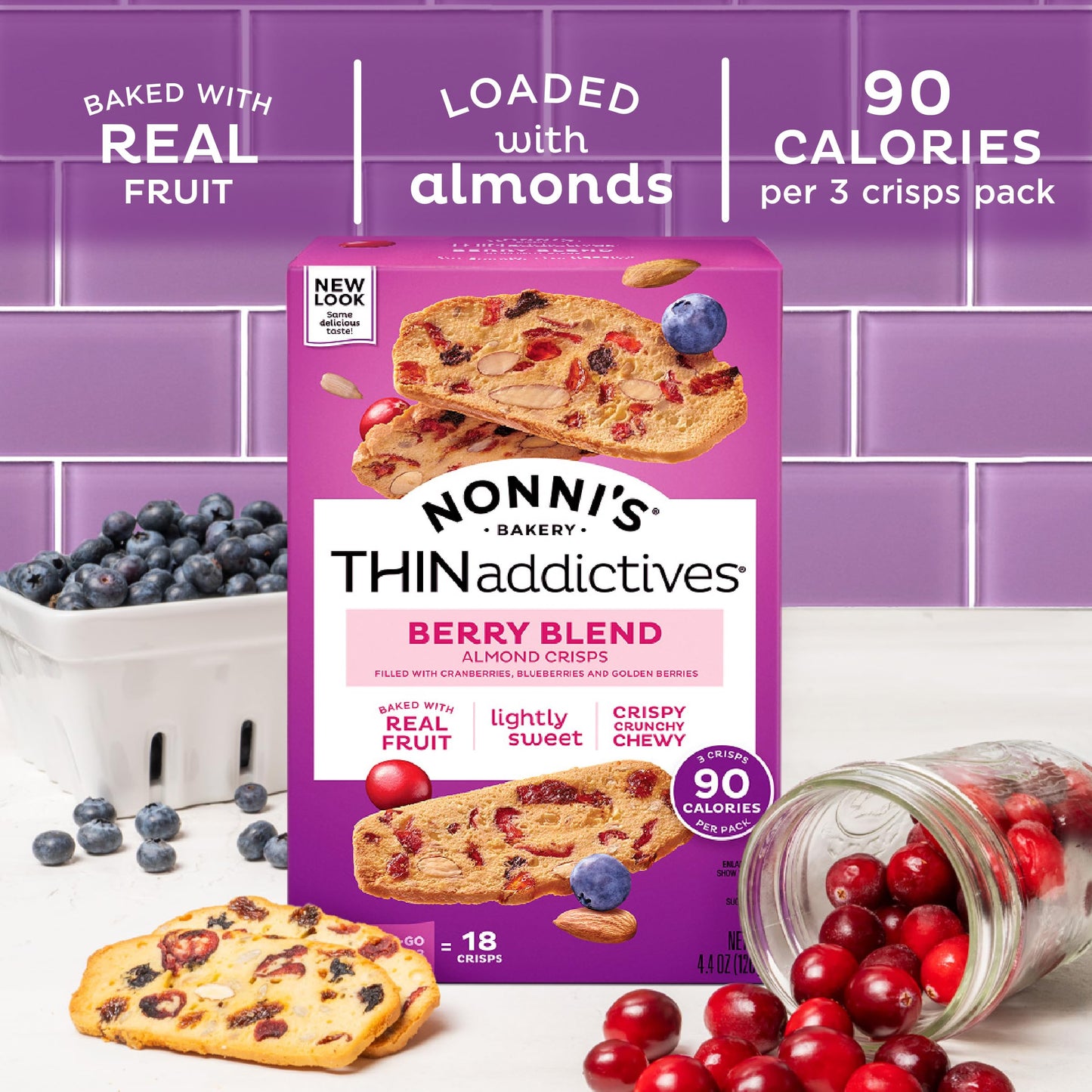 Nonni'S Thinaddictives Almond Thin Cookies - 6 Boxes Berry Blend Almond Cookies - Almond Cookie Thins W/Cranberries Blueberries