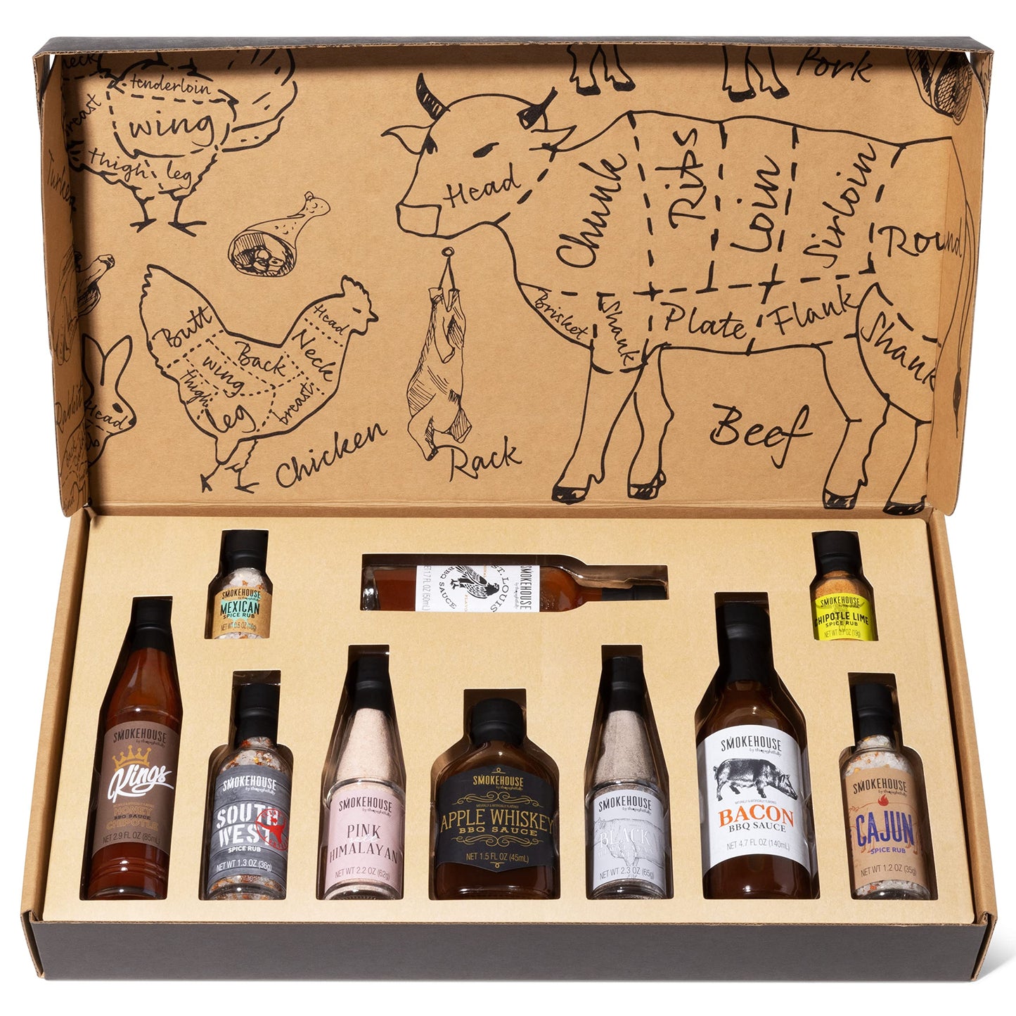 Thoughtfully Ultimate BBQ Sampler Set - 10 Piece Vegan & Vegetarian Sauces, Rubs, & Salts in Sample Size Glass Bottles