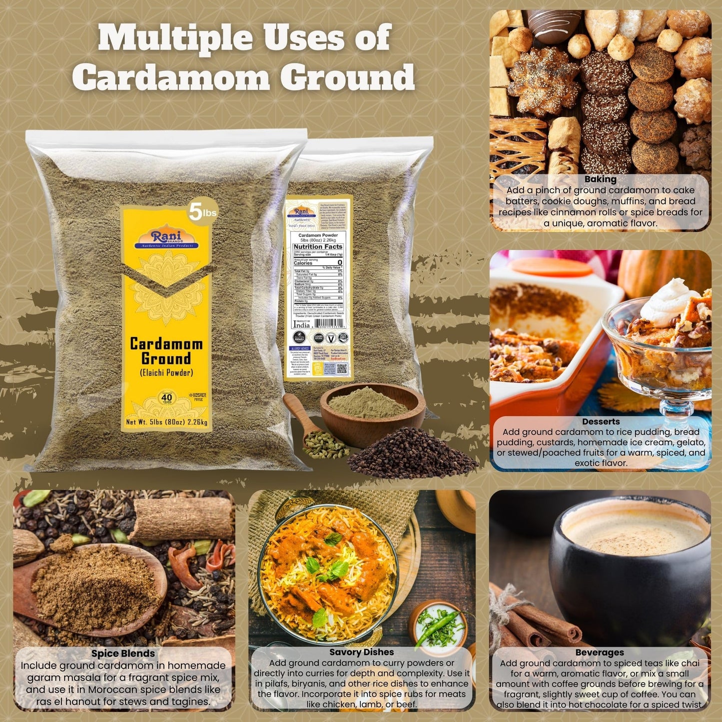 Rani Cardamom (Elachi) Ground, Powder Indian Spice 80Oz (5Lbs) 2.27Kg Bulk ~ All Natural | No Color Added | Gluten Friendly | Ve