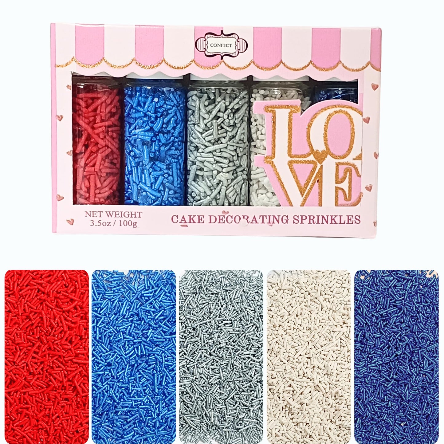 Confect Edible Christmas Sprinkles | Assorted Pack of 5 Mix Patriotic Red, White, Blue & Silver Jimmies | Sprinkles For Cake & C