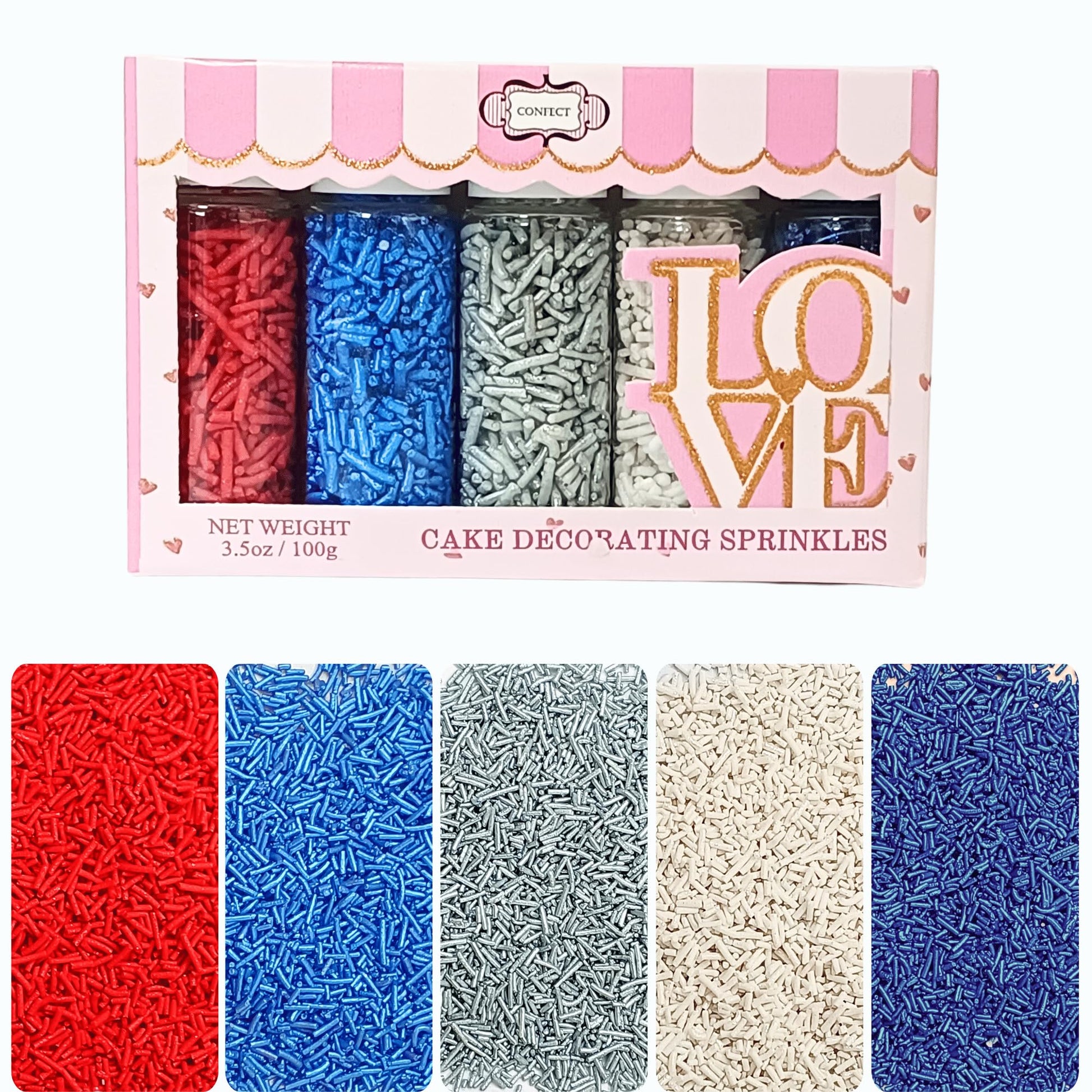 Confect Edible Christmas Sprinkles | Assorted Pack of 5 Mix Patriotic Red, White, Blue & Silver Jimmies | Sprinkles For Cake & C