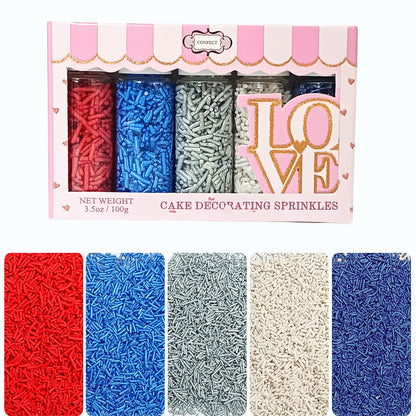 Confect Edible Christmas Sprinkles | Assorted Pack of 5 Mix Patriotic Red, White, Blue & Silver Jimmies | Sprinkles For Cake & C