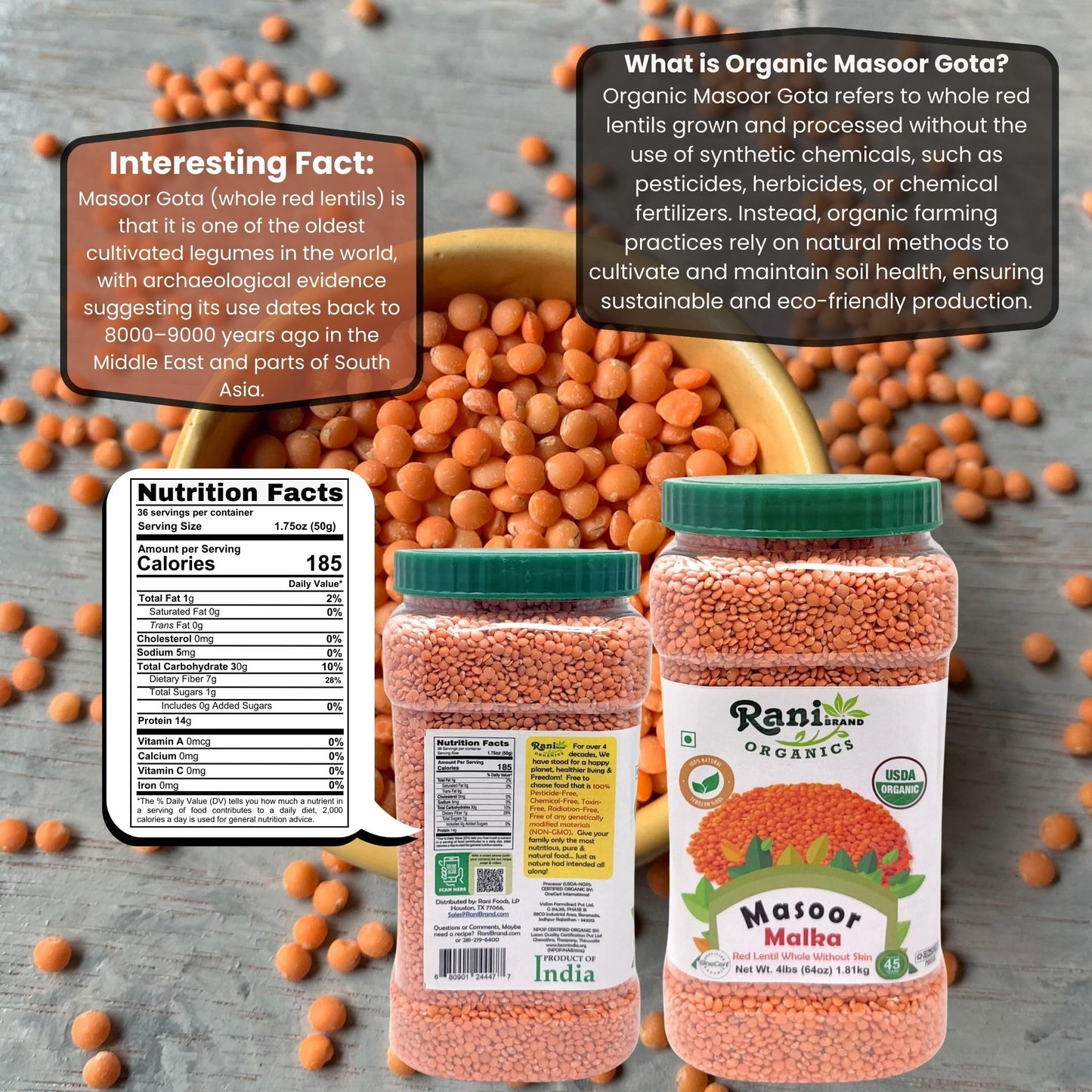 Rani Organic Masoor Gota (Football) Indian Red Lentils Skinless 64Oz (4Lbs) 1.81Kg Bulk ~ All Natural | Gluten Friendly | Non-Gm