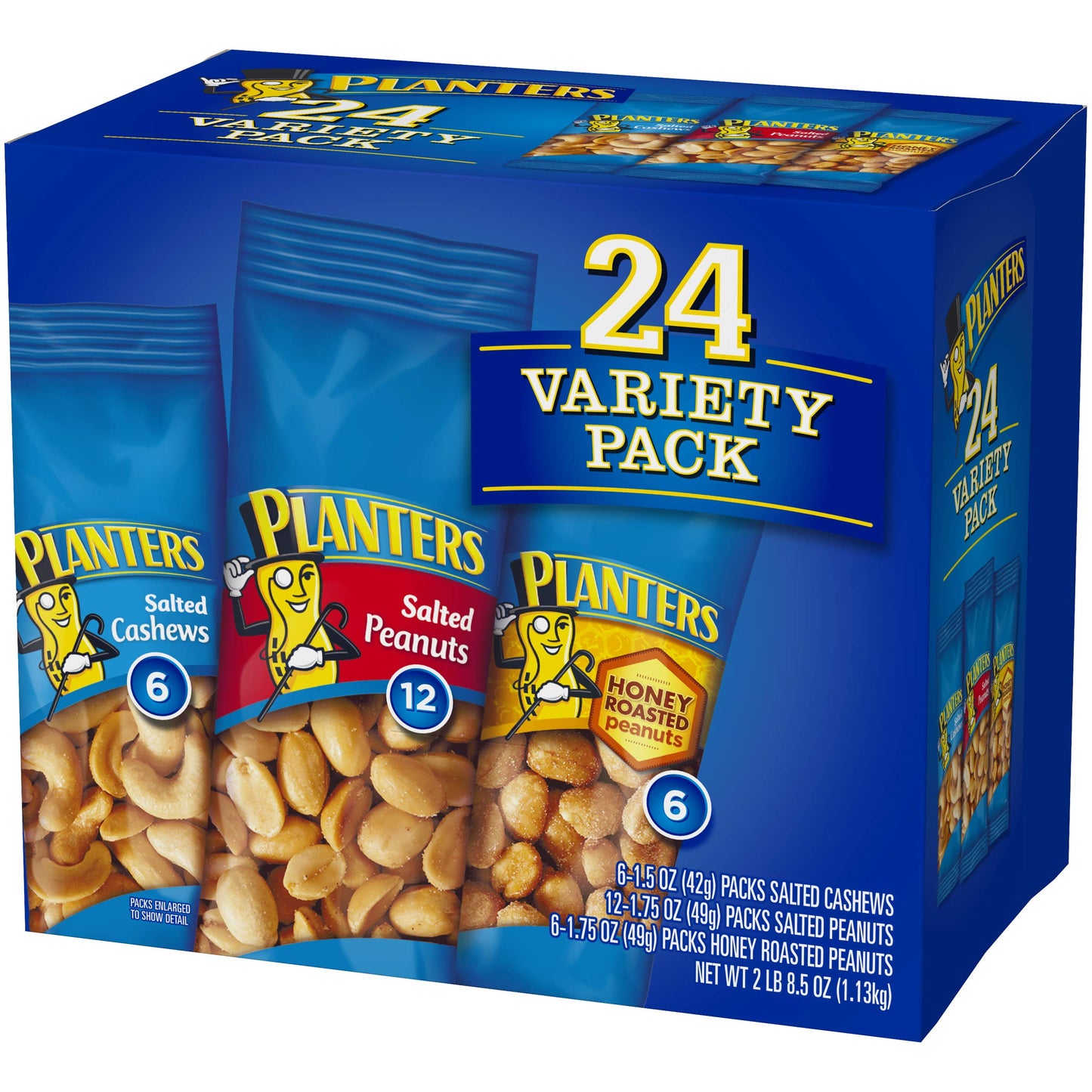 Planters Variety Packs (Salted Cashews, Salted Peanuts & Honey Roasted Peanuts), 24 Packs - Individual Bags Of On-The-Go Nut Snacks - No Cholesterol Or Trans Fats - Source Of Fiber And Healthy Fats