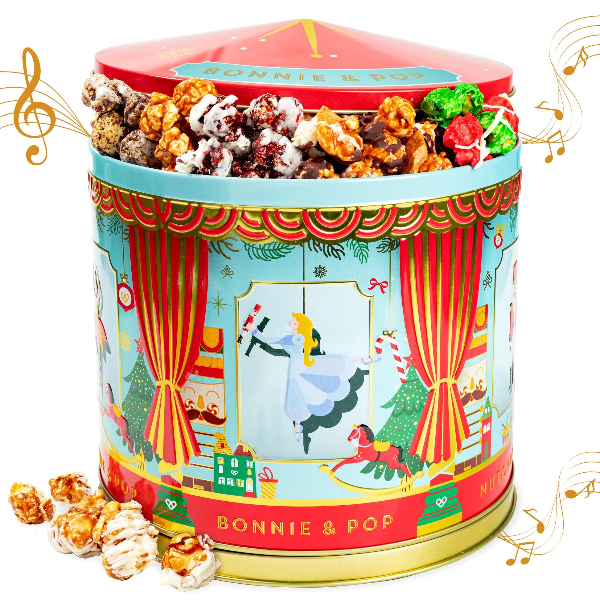 Christmas Popcorn Gift Tin - Gourmet Food Gifts - Plays Music - Chocolate & Popcorn Gift Tin, Holiday Basket - Nut er Suite- Bonnie and Pop