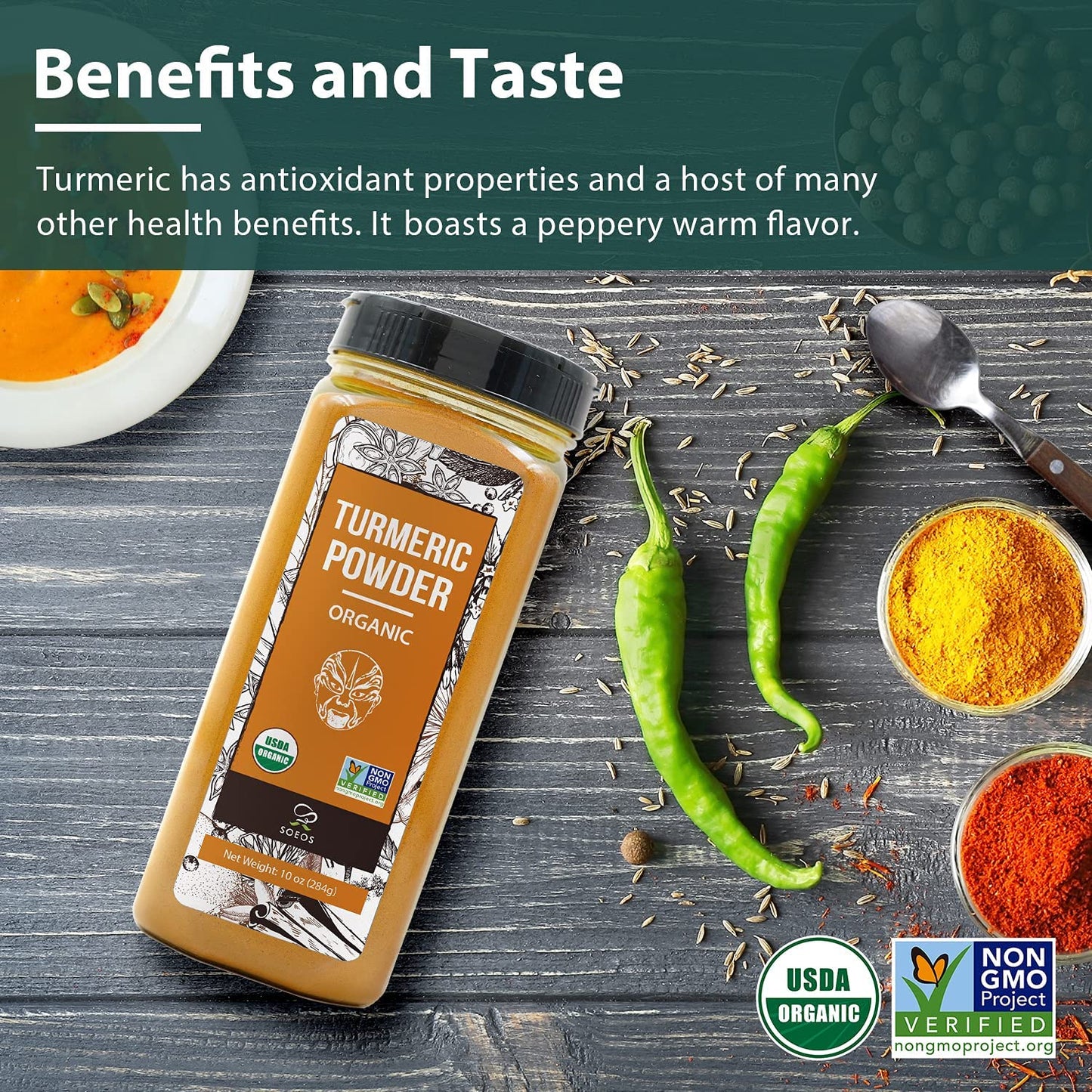 Soeos Organic Turmeric Root Powder 20 oz (10 oz *2), Non-GMO Verified, USDA Organic, Natural Curcumin, Lab Tested for Purity, Se