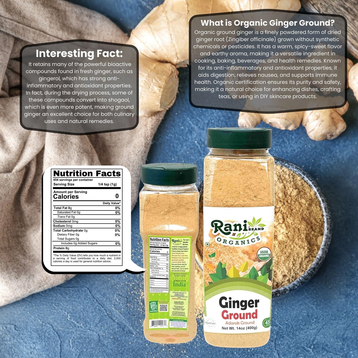 Rani Organic Ginger (Adarak) Powder Ground, Spice 14Oz (400G) Pet Jar ~ All Natural | Vegan | Gluten Friendly | Non-Gmo | Indian