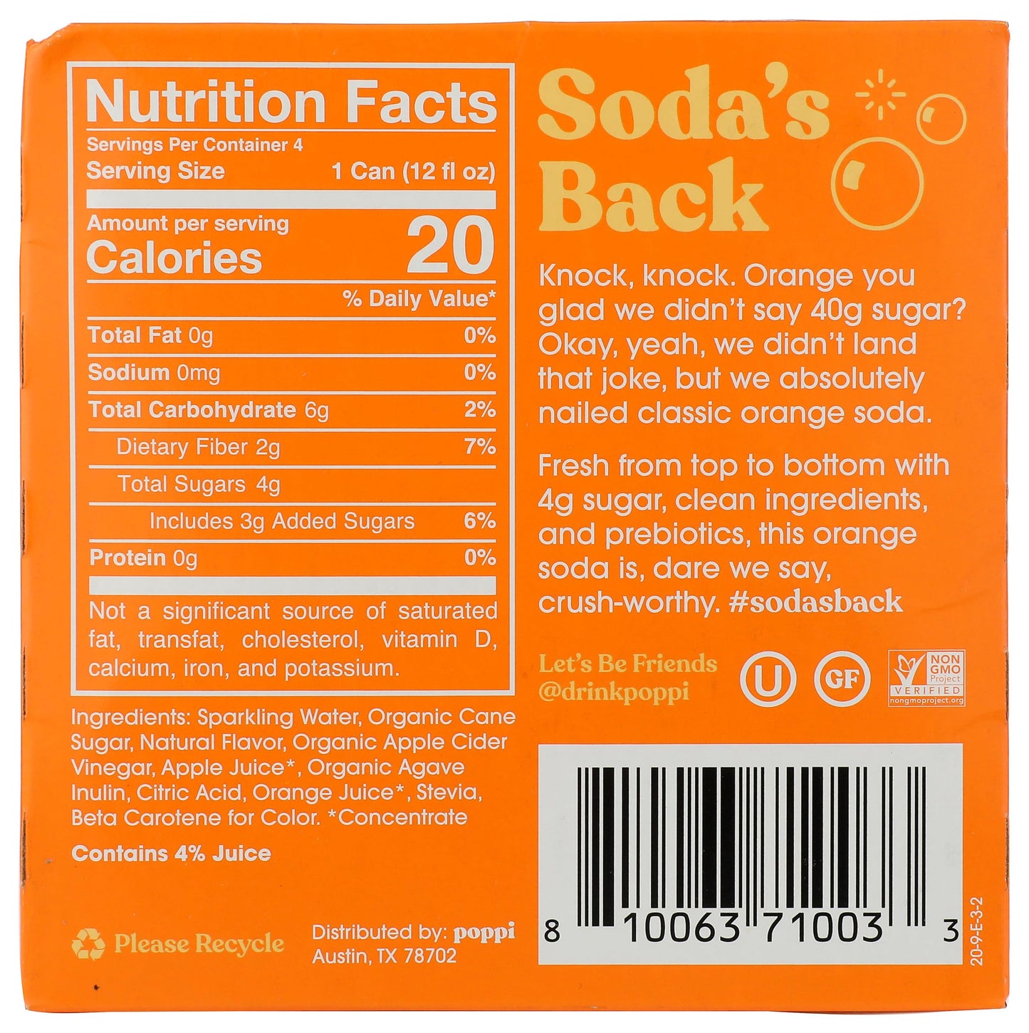 Poppi Prebiotic Soda 4 Pack - 12 Fl Oz, Orange Flavor, Model 0810063710033