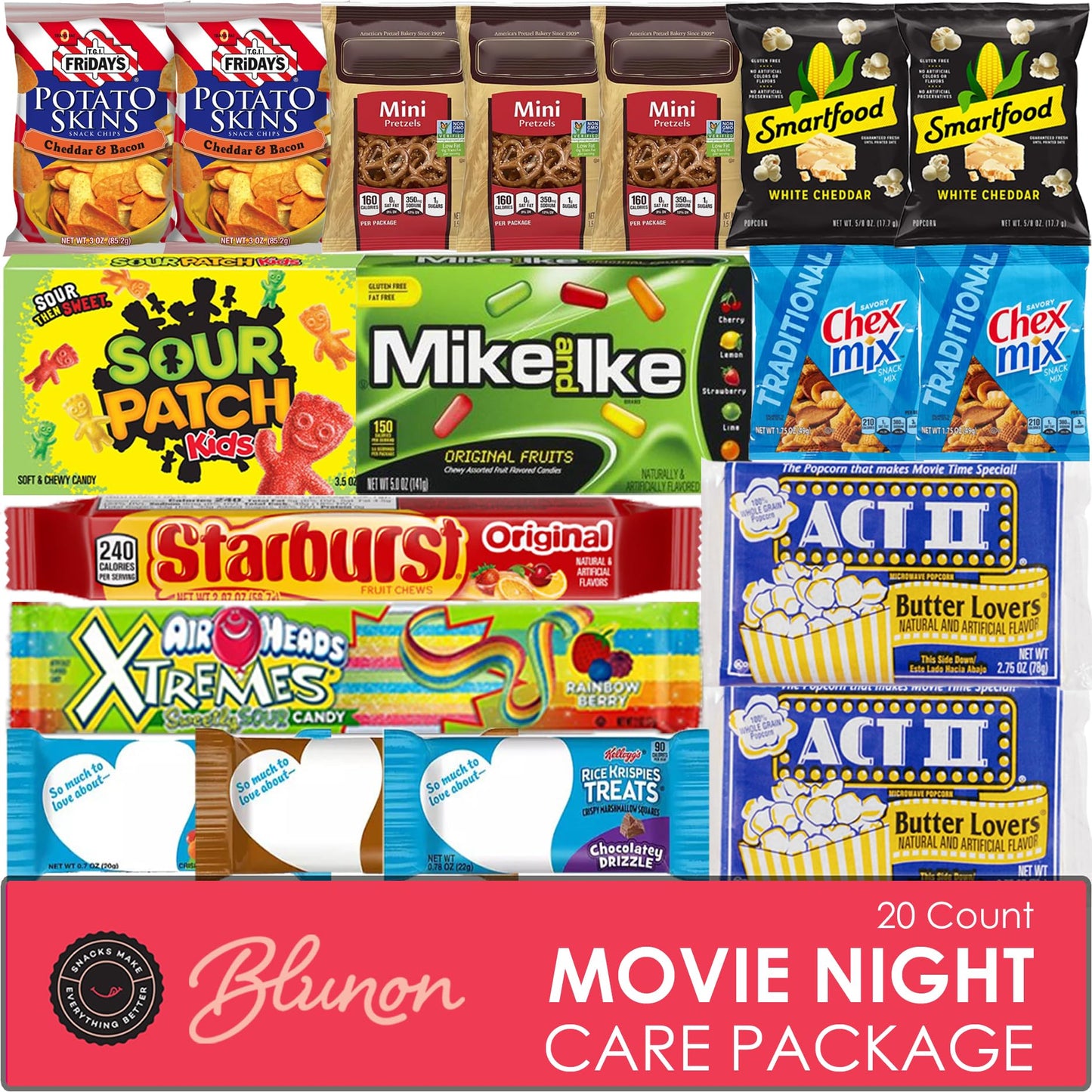 Blunon Movie Night Snacks Gift Set - Theater Basket Variety Pack - 20 Count Assortment of Popcorn and Candy