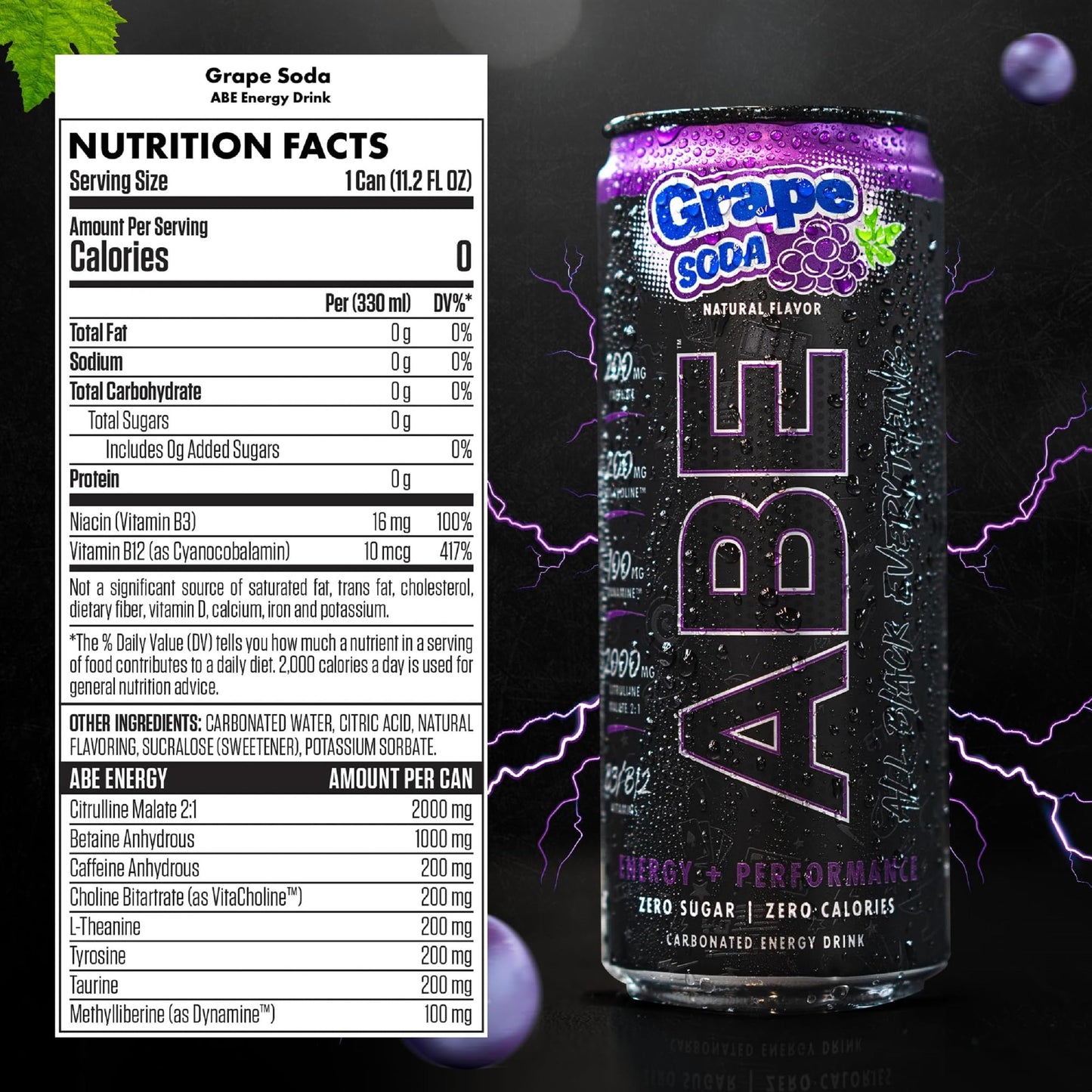 ABE All Black Everything Sugar Free Energy Drink - G  Soda, 0 Calories, 200mg Caffeine, 12 Pack