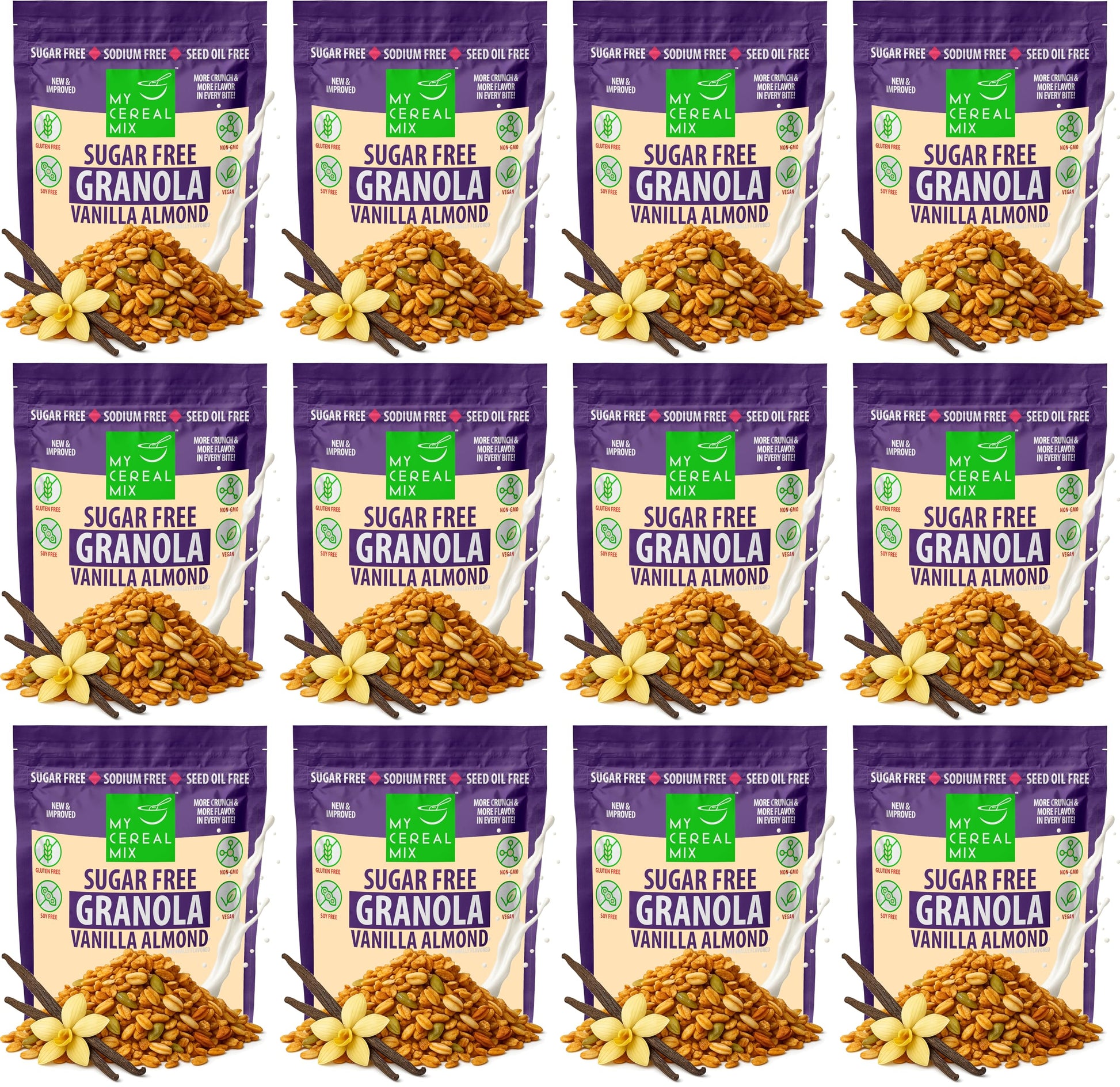MyCerealMix Sugar Free Vanilla Almond Granola - 12 Pack (120oz Total) - Vegan, Gluten Free - Monk Fruit & Allulose Sweetened - D