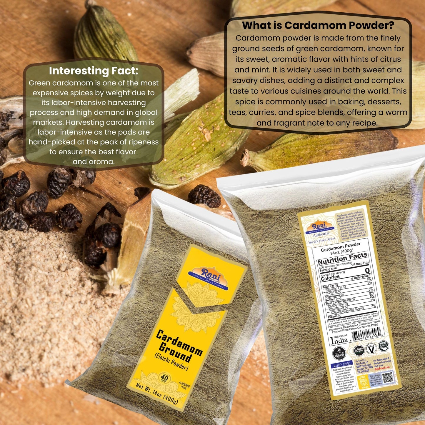 Rani Cardamom (Elachi) Ground, Powder Indian Spice 14Oz (400G) ~ All Natural | No Color Added | Gluten Friendly | Vegan | Non-Gm