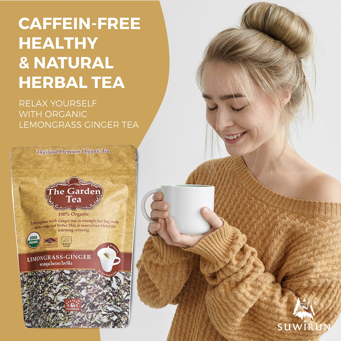 Suwirun Organic Lemongrass And Ginger (25 Tea Bag) - Pure Organic Herbal Tea Thai Herbal Tea Bags Lemongrass Tea Bags And Ginger