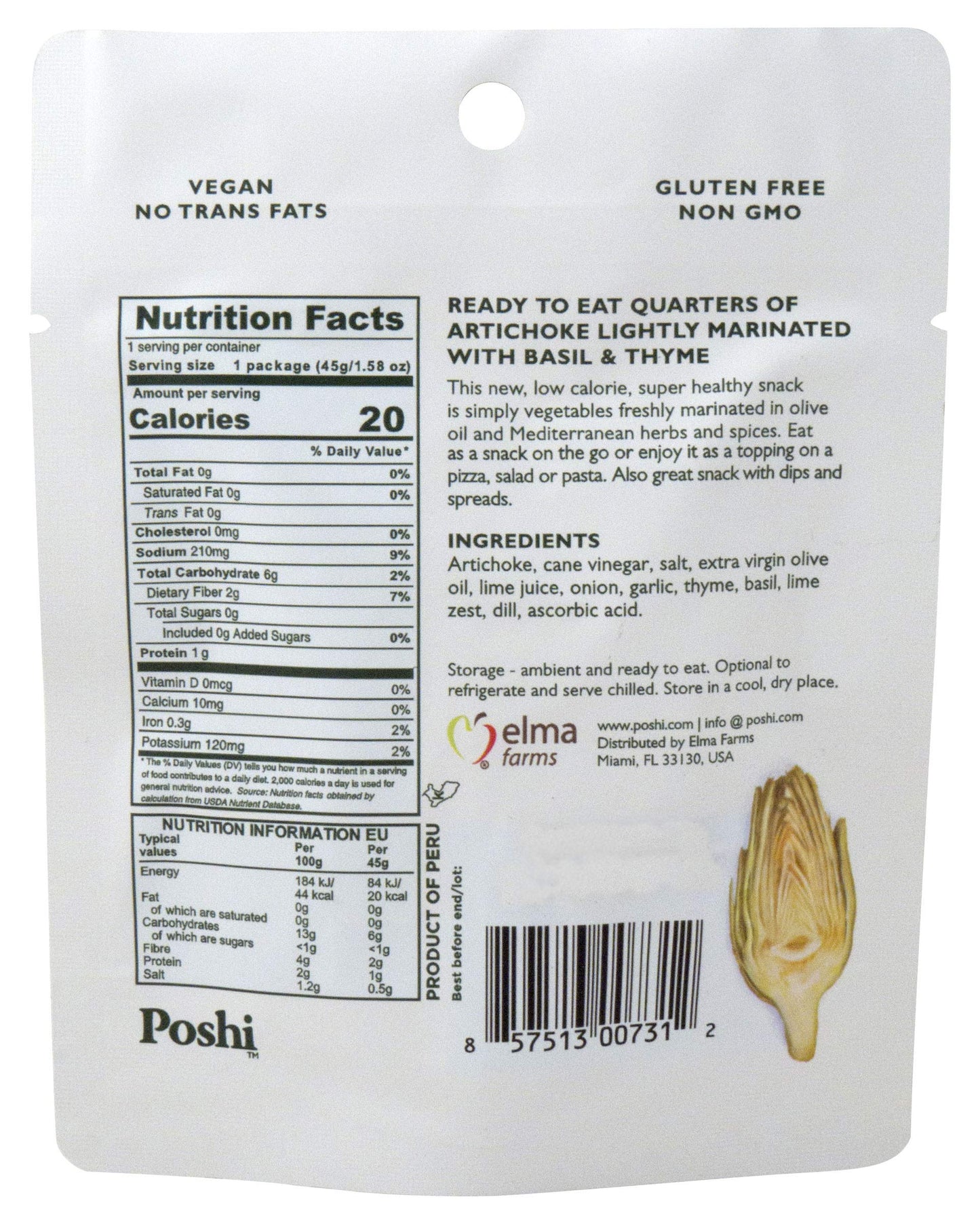 Poshi Marinated Snack Gluten Free Non-Gmo 1.34 Oz Each Artichokes (5-Pack)