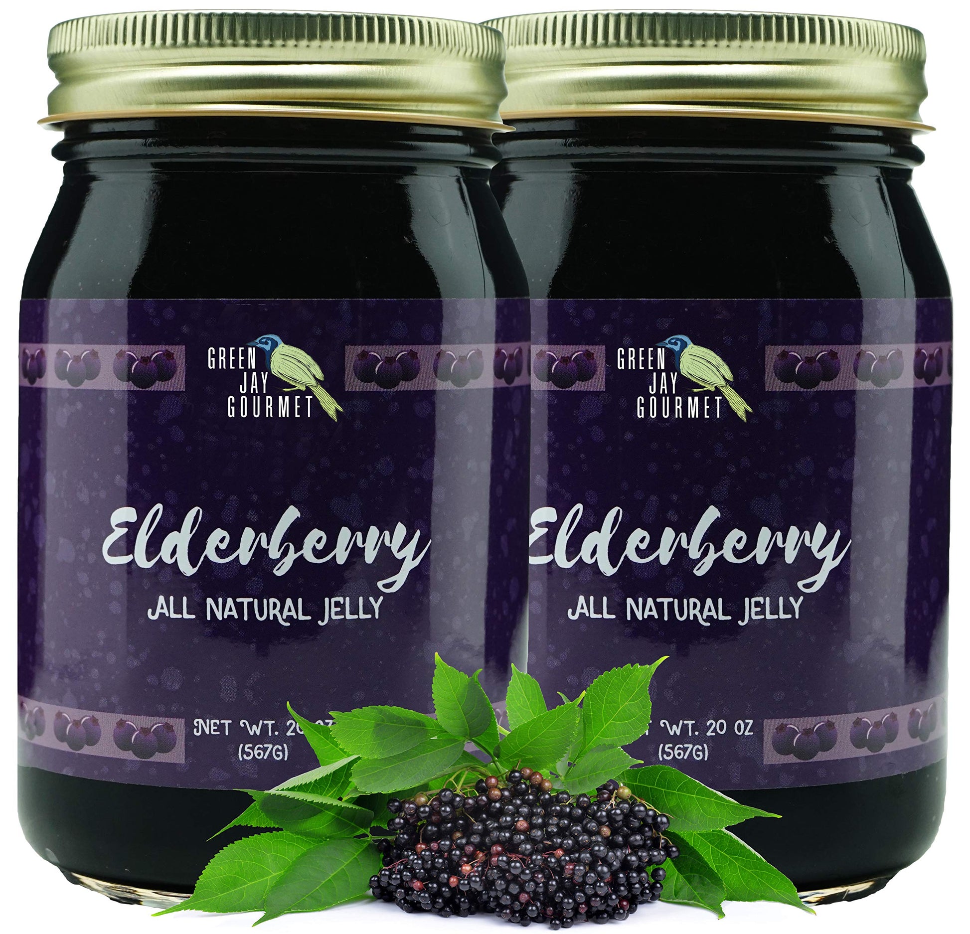 Green Jay Gourmet Elderberry Jelly - All-Natural Vegan Jam - 2 x 20 Ounces - Gluten-Free - No Preservatives or Corn Syrup