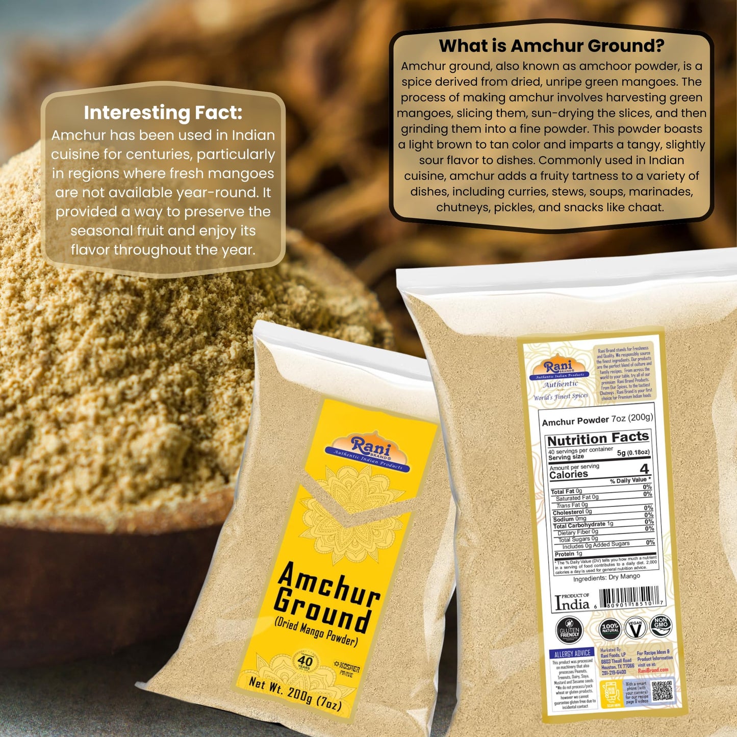 Rani Amchur Ground Powder Spice, 7oz (200g), All Natural, Vegan, Gluten Friendly, Non-GMO