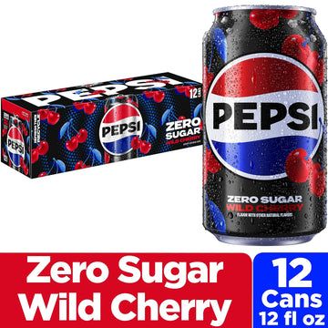 Pepsi Zero Sugar Cola Soda Pop, Wild Cherry, 12oz Cans (12 Pack)