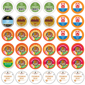 Crazy Cups Decaf Coffee Pods Variety Pack - Flavored & Unflavored Assorted Sampler  36 Count  Compatible with Keurig K-Cup malt-inspired