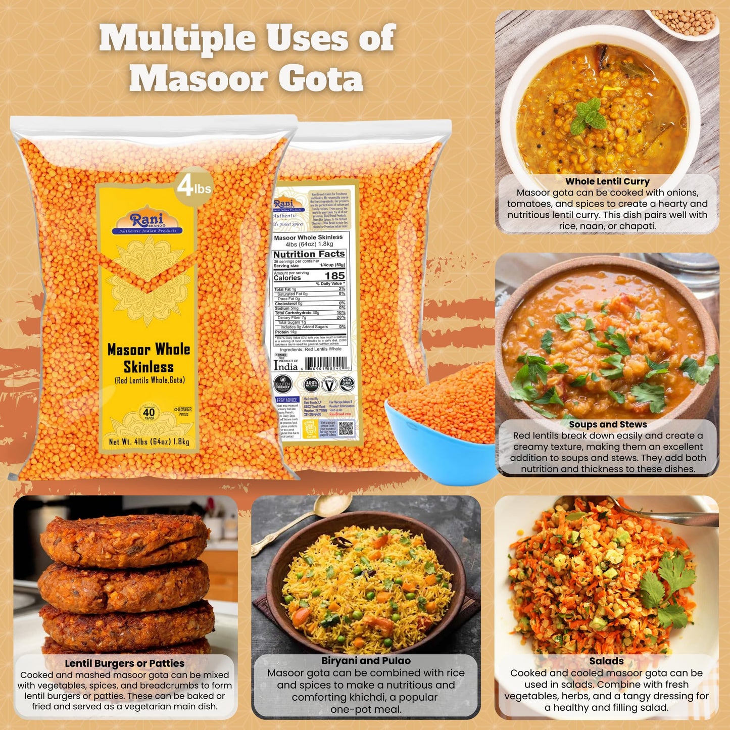 Rani Masoor Gota (Football) Indian Red Lentils Skinless 64Oz (4Lbs) 1.81Kg Bulk ~ All Natural | Gluten Friendly | Non-Gmo | Vega