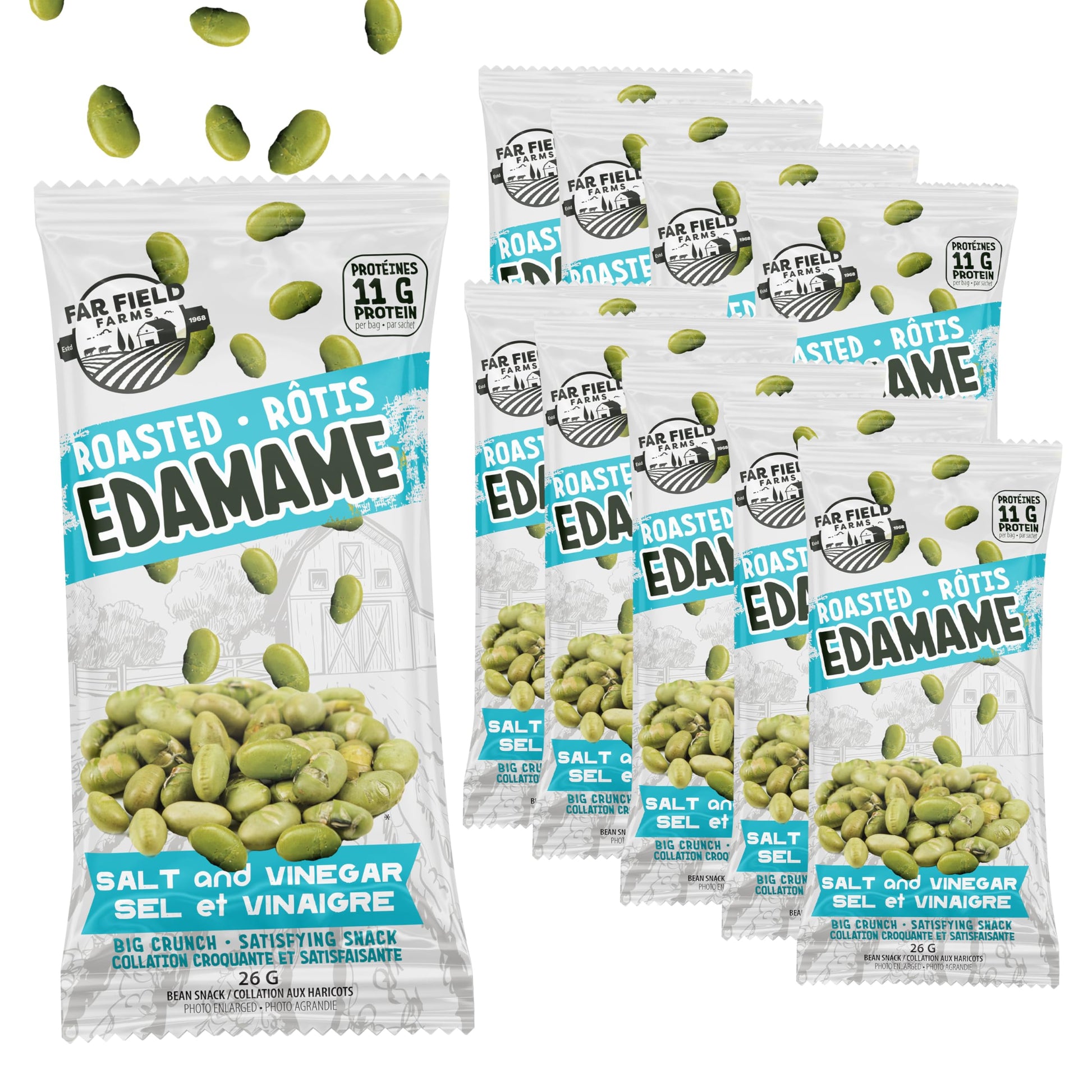 Far Field Crunchy Roasted Edamame Beans - Salt & Vinegar, 10-Pack, 11g Protein Per 26g Bag, Low Carb, High-Protein Plant-Based S