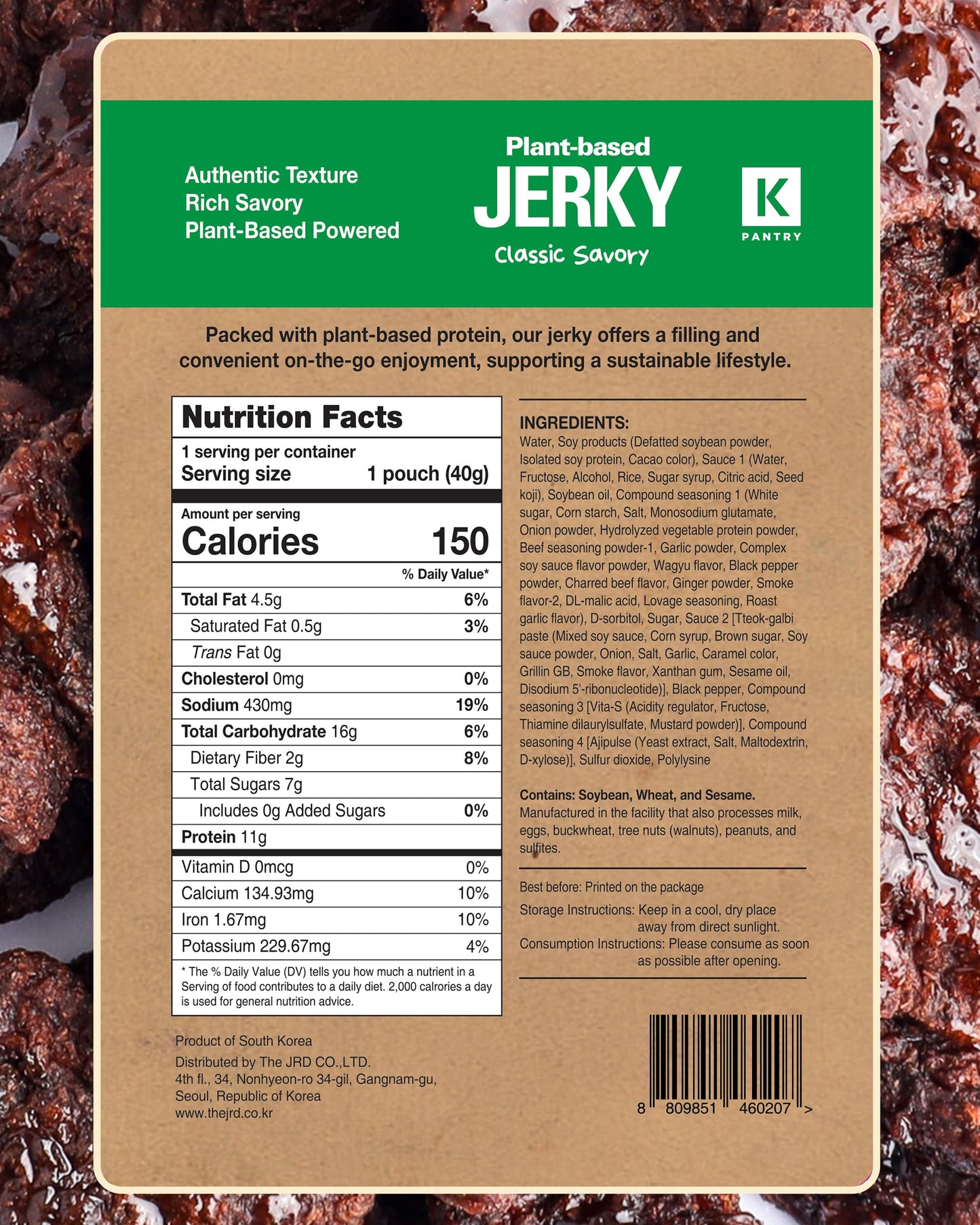 KPANTRY Vegan Jerky Korean Classic Savory, Plant-Based, Non-GMO, Low-Fat Snack, 1.35oz (Pack of 6)