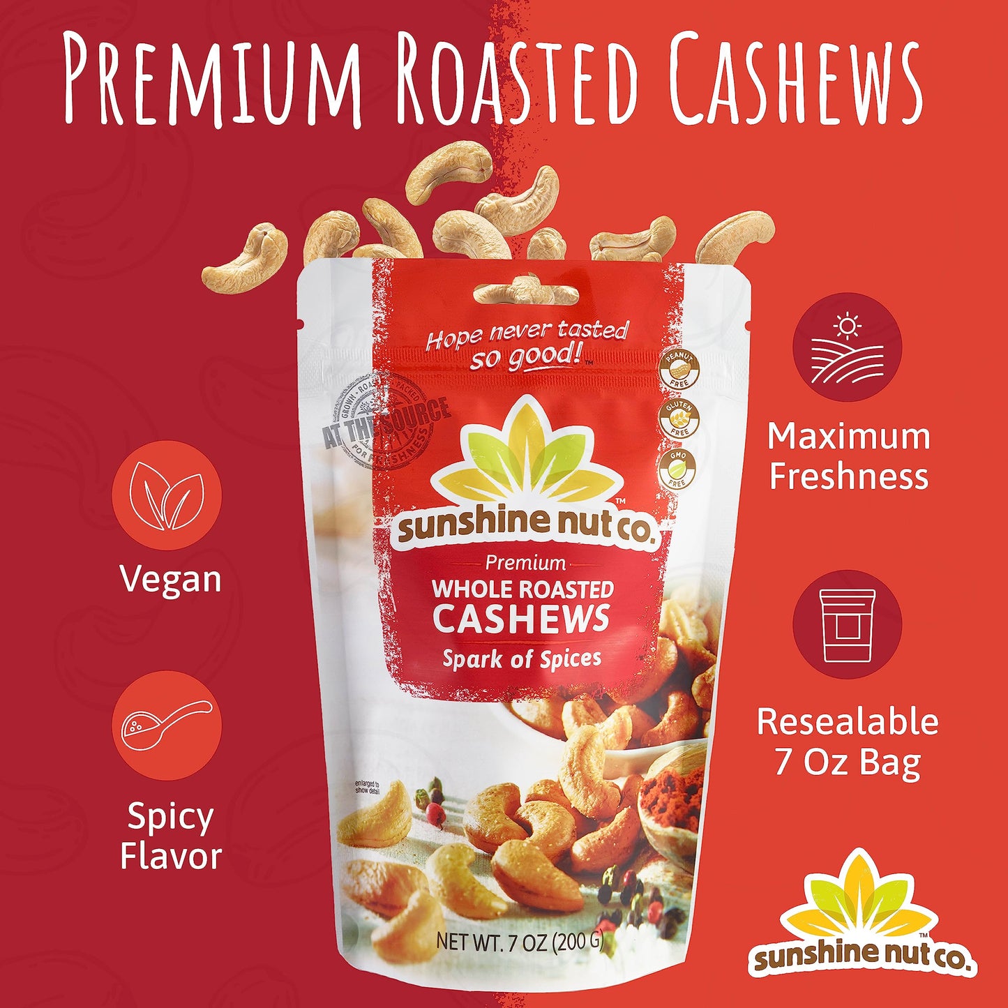 Sunshine Nut Co. Whole Roasted Cashews, Spark of Spices Flavor, Single 7 oz. Bag, Gluten Free, Peanut Free and Vegan Individual