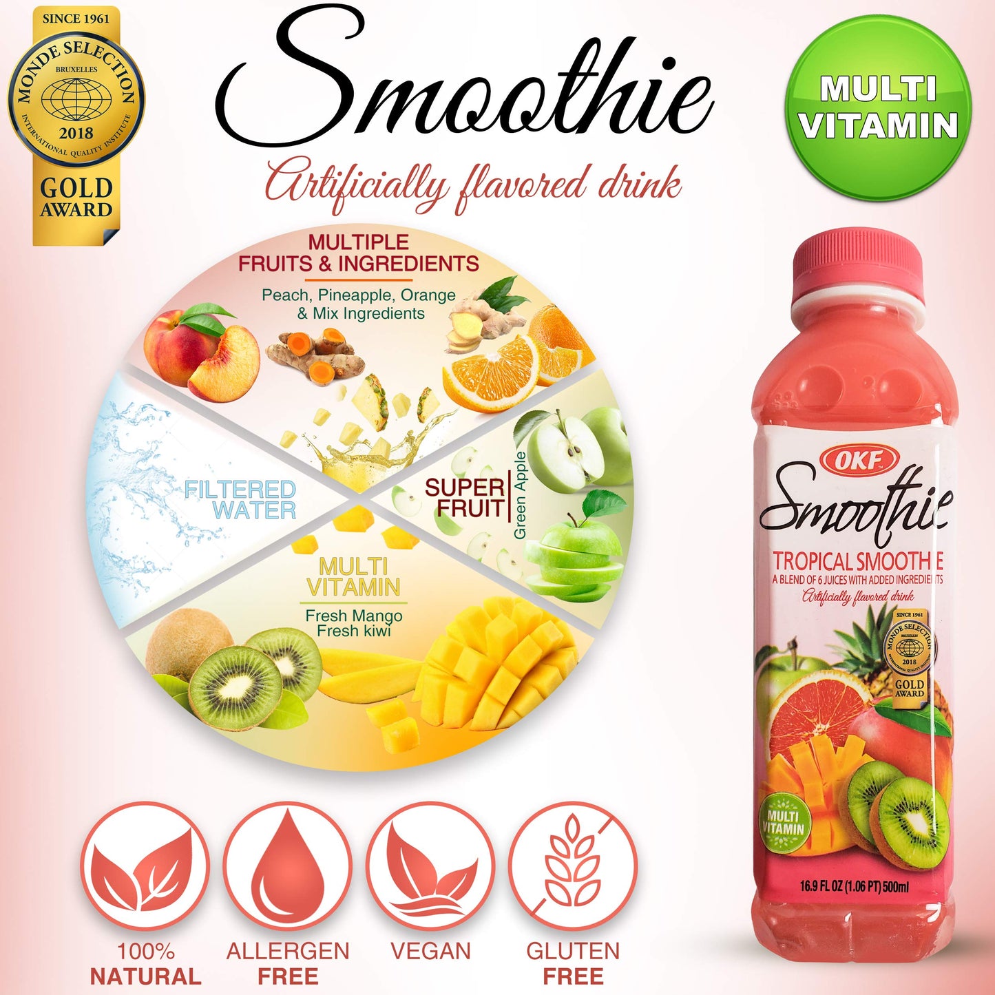 OKF Smoothie Multi Vitamin Drink, Tropical Flavor, 16.9 Fl Oz, Pack of 12