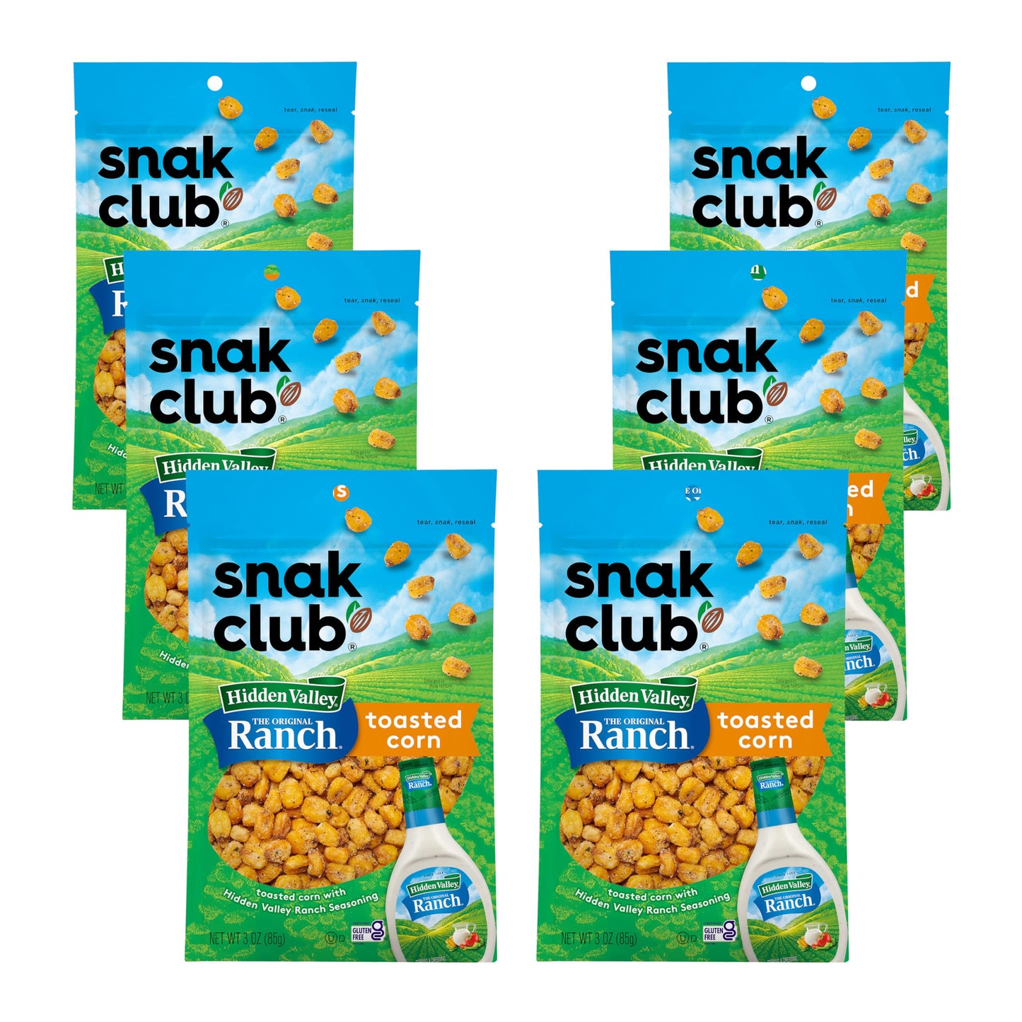 Snak Club Toasted Corn with Hidden Valley Ranch Seasoning, Roasted and Salted Corn Nuggets, Gluten-Free and Kosher Snack, 3 oz R
