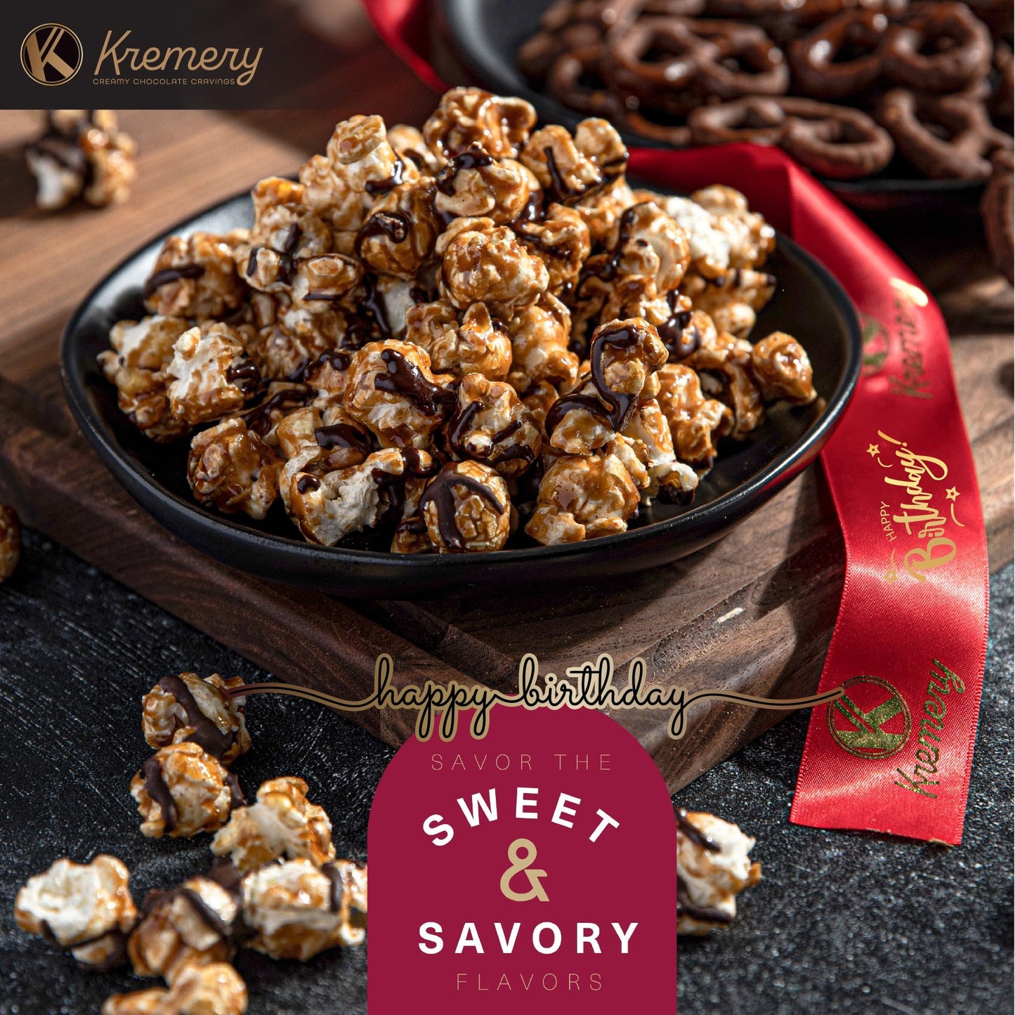 Kremery Creamy Chocolate Cravings - Happy Birthday  , Chocolate Covered Pretzels & Caramel Popcorn Gift Basket, In Seagrass Tray + Ribbon & Greeting Card (Deluxe, 3.5 Lbs) Food Assortments