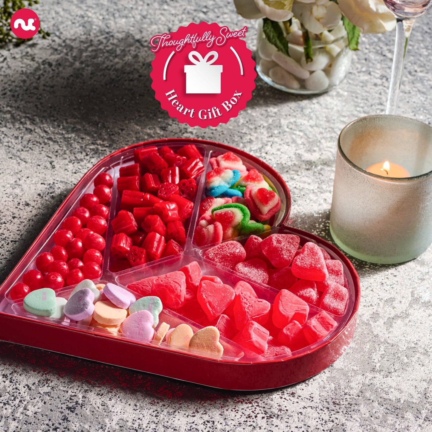 NUT CRAVINGS - Valentines Day Mixed Candy Heart Shaped Gift Basket, Love in A Box (6 Assortments) Romantic Food Arrangement, Hea