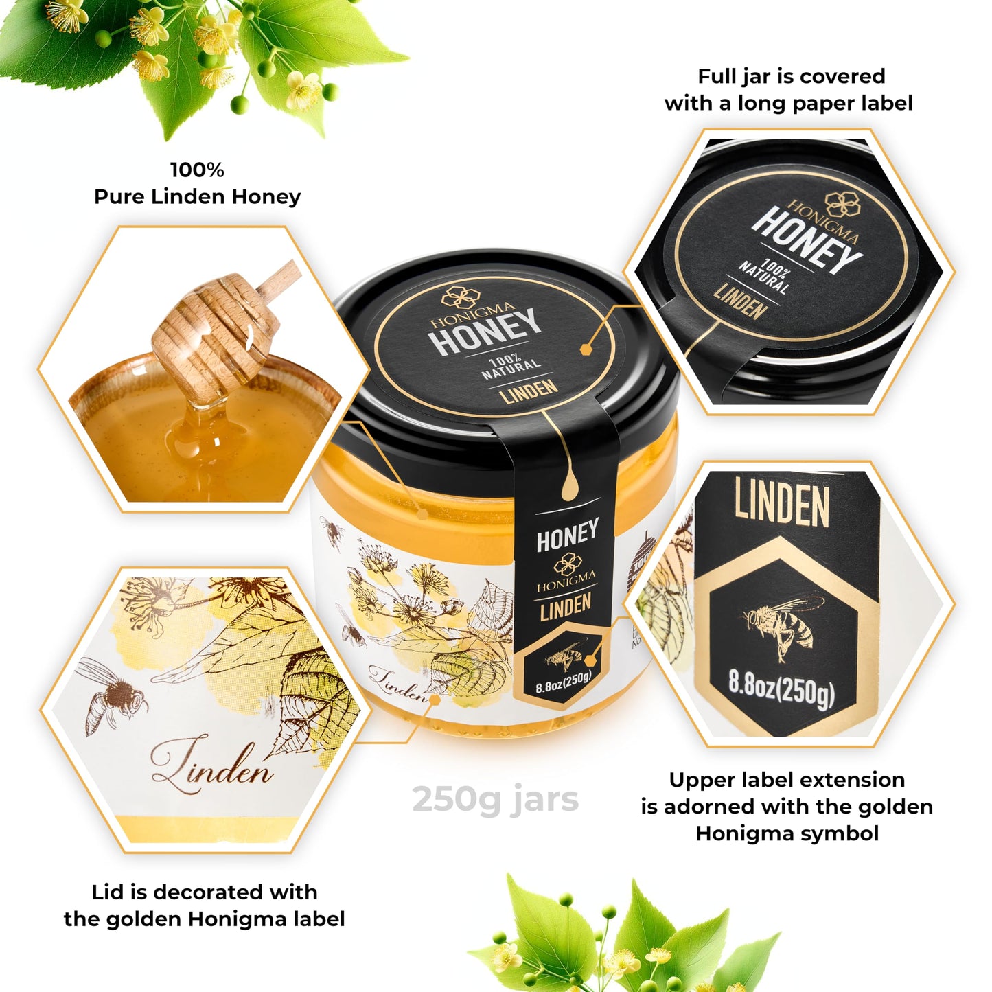 HONIGMA Raw Linden Honey - 100% Pure, Unpasteurized, Unfiltered, 250g/8.8oz, Partially Crystallized