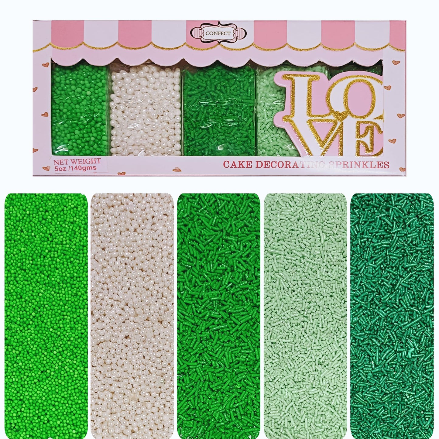 Confect St. Patricks Day Sprinkles Mix - Pea Green, Mint Green & White Pearl Dragees, Vermicelli, Edible Sugar Decorations - Pac