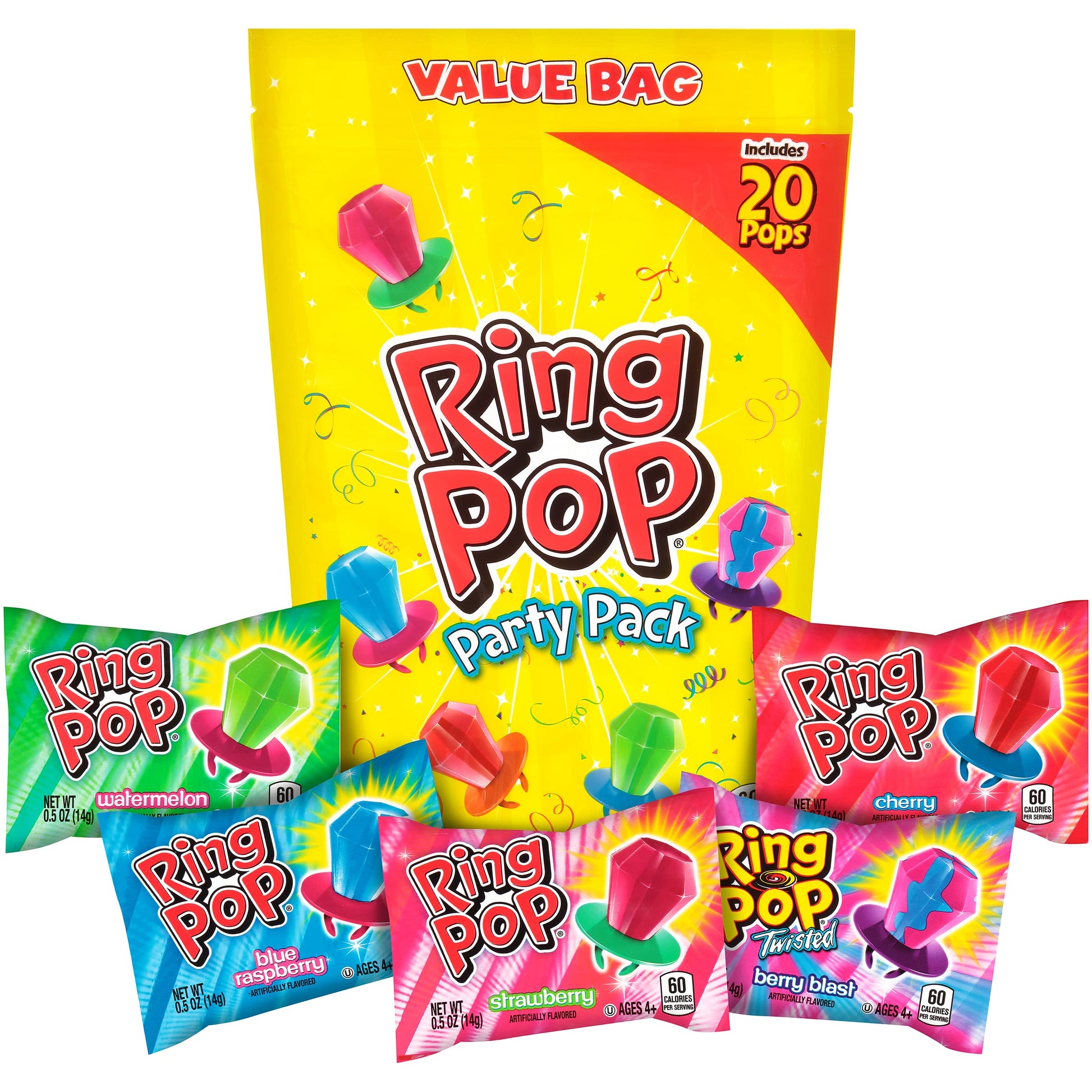 Ring Pop Individually Wrapped Bulk Lollipop- Variety Party Pack, 20 Lollipops Per Bag (Case Of 12 Bags)