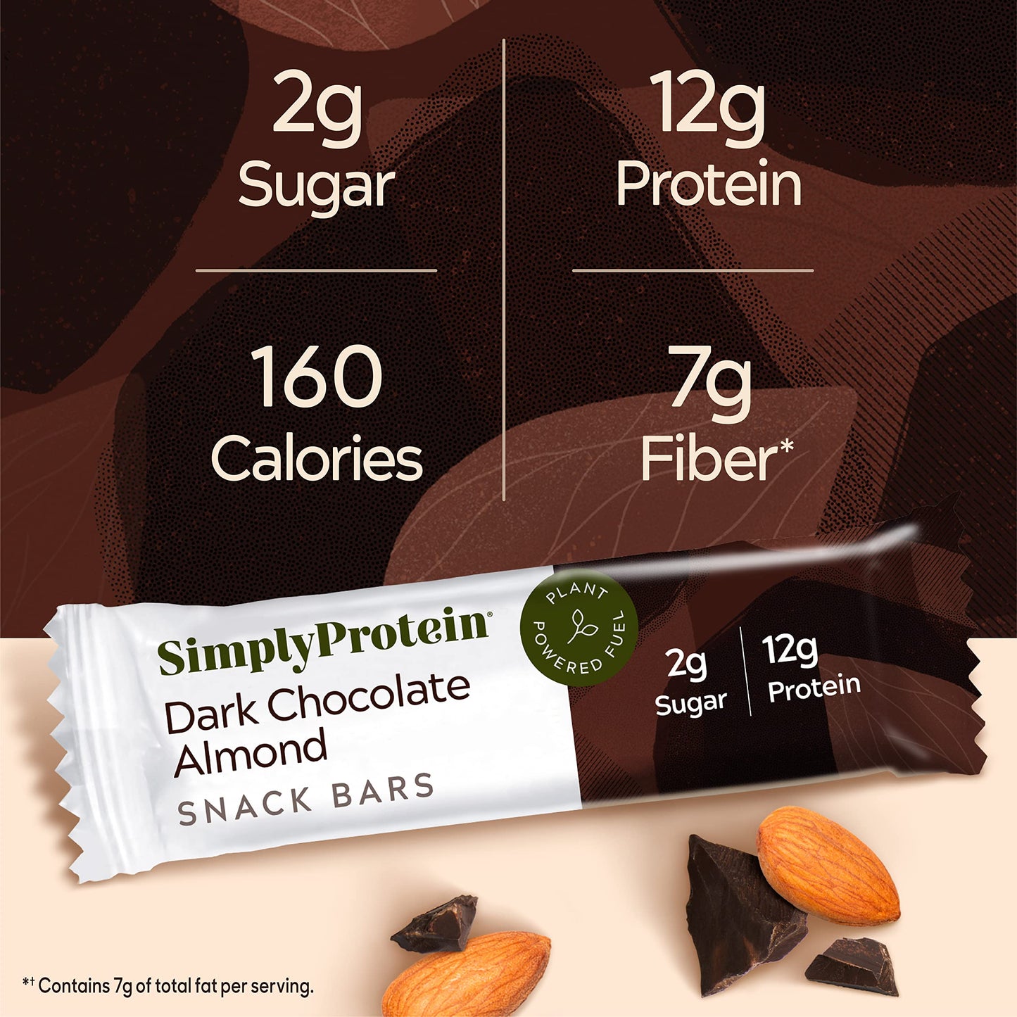Simply Protein - Dark Chocolate Almond Crispy Bars - Plant Based Protein Bars - Low Carb  Low Sugar  High Fiber - 13g Protein  2g Sugar  7g Fiber - Vegan  Gluten Free  Non GMO  Kosher - 32 Bars