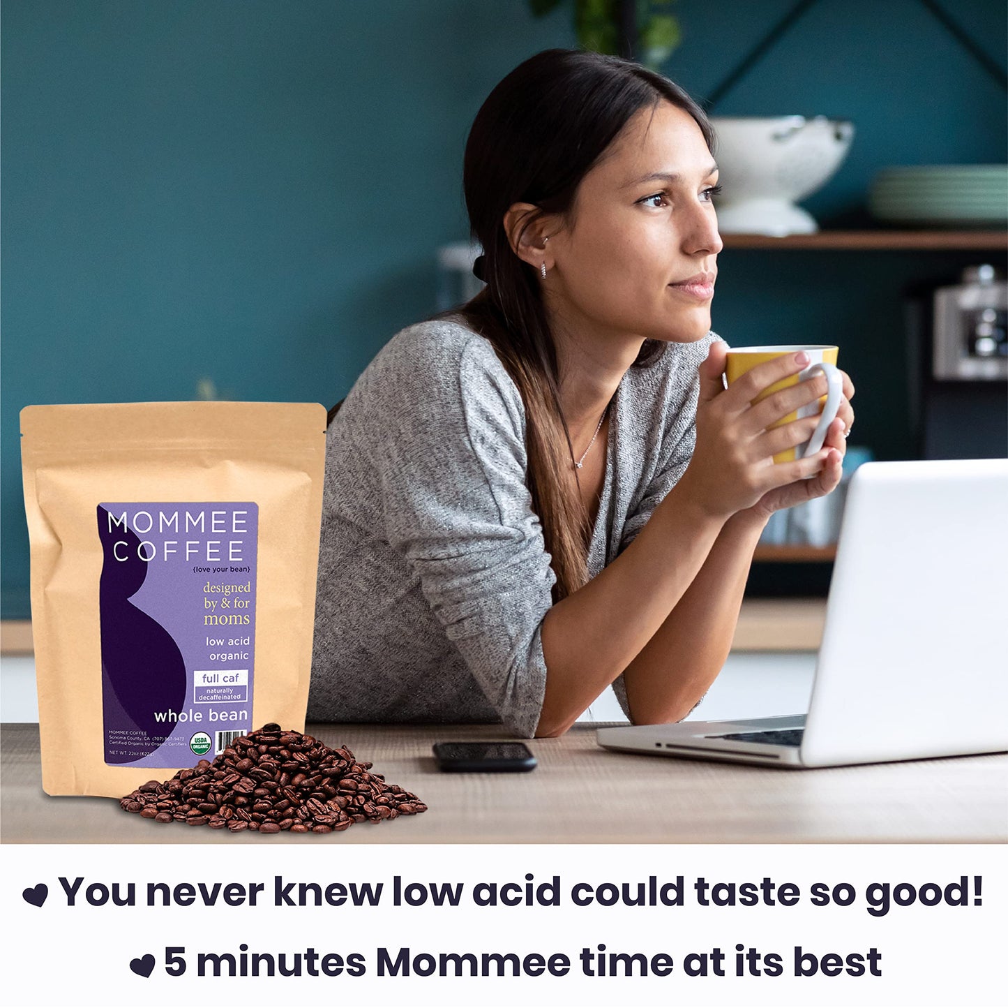 Mommee Coffee - Full Caf | Low Acid, Organic, Fair Trade, Water Processed | Whole Bean, 22Oz.