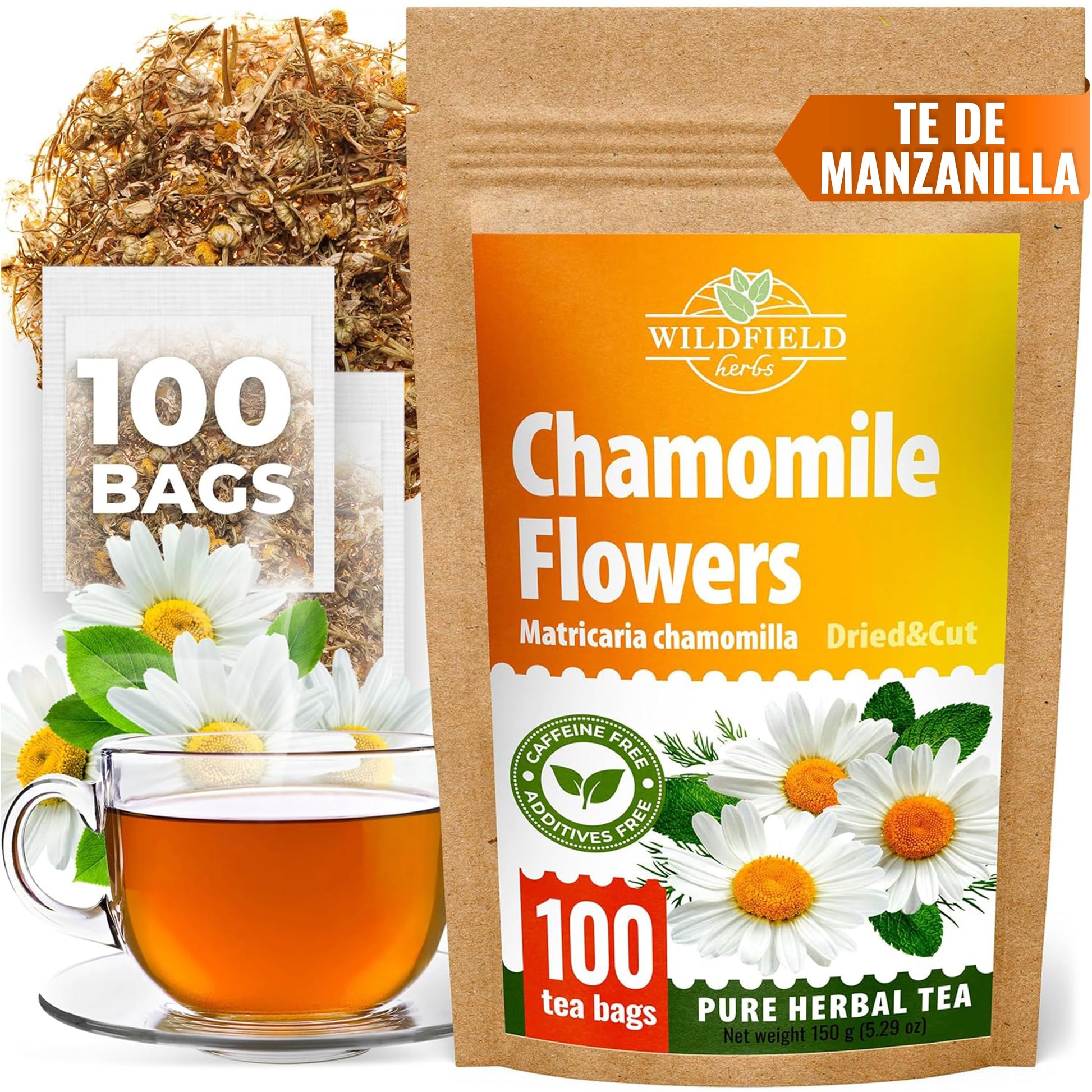 100 Bags Chamomile Tea Loose Leaf Dried Chamomile Flowers Manzanilla Tea (Matricaria Chamomilla) - 100 Count 1.5g Bags Flores De
