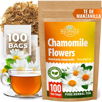 100 Bags Chamomile Tea Loose Leaf Dried Chamomile Flowers Manzanilla Tea (Matricaria Chamomilla) - 100 Count 1.5g Bags Flores De