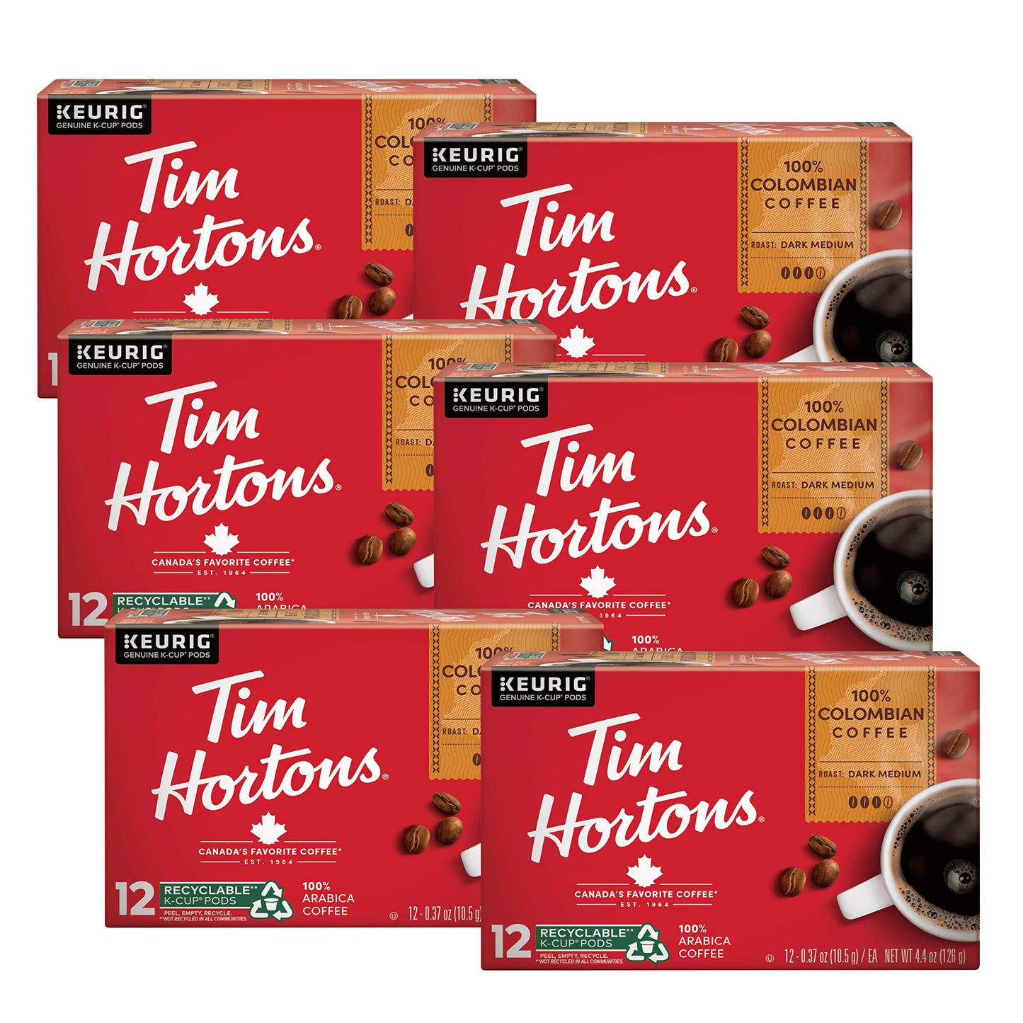Tim Hortons Medium Dark Roast Coffee K-Cup Pods, 72ct, Compatible with Keurig, 12 Count (Pack of 6), Red, Model MELARQT