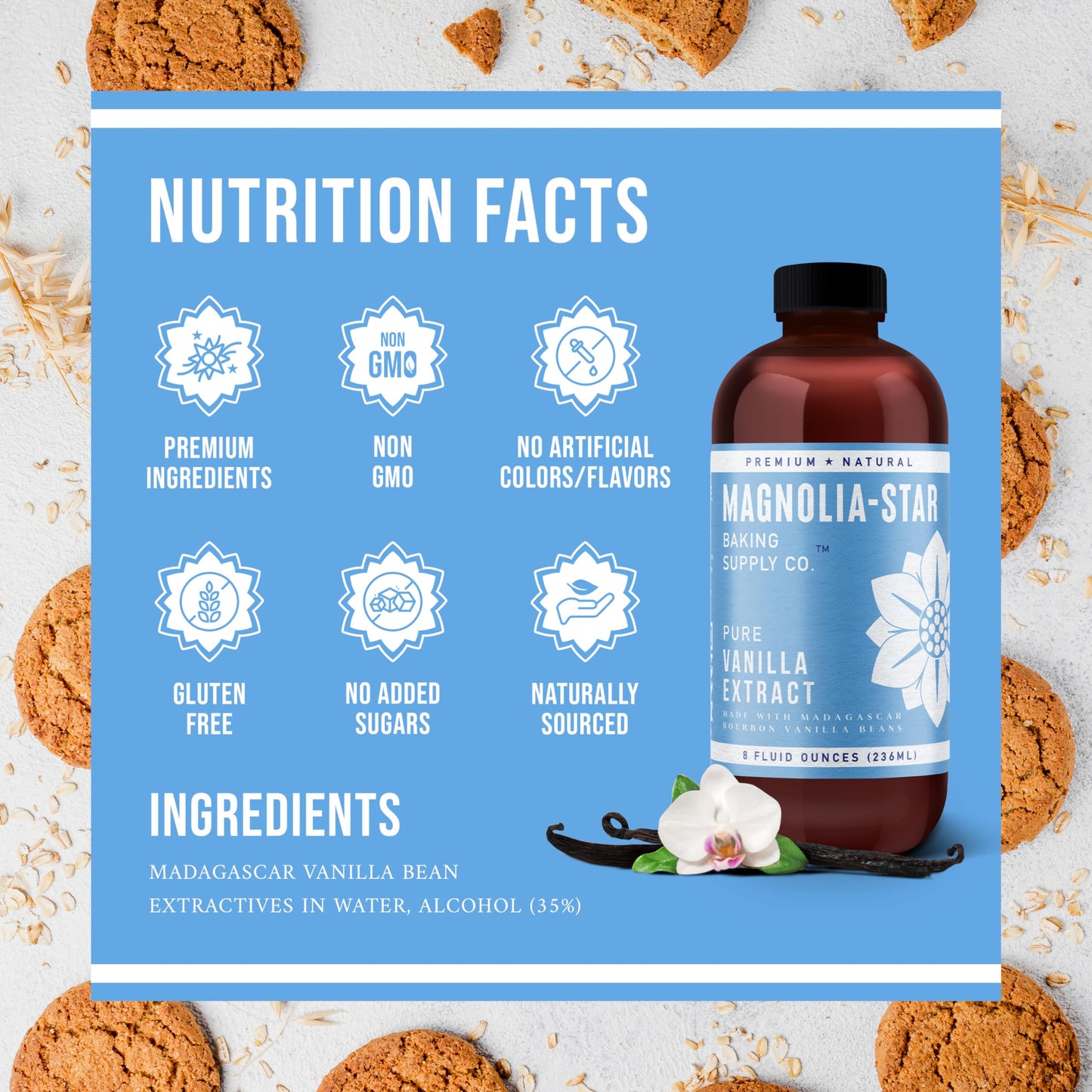 Magnolia-Star Pure Vanilla Extract, Made from Madagascar spirit-inspired flavor Vanilla Beans, Non-GMO, Gluten-Free, 16 oz.