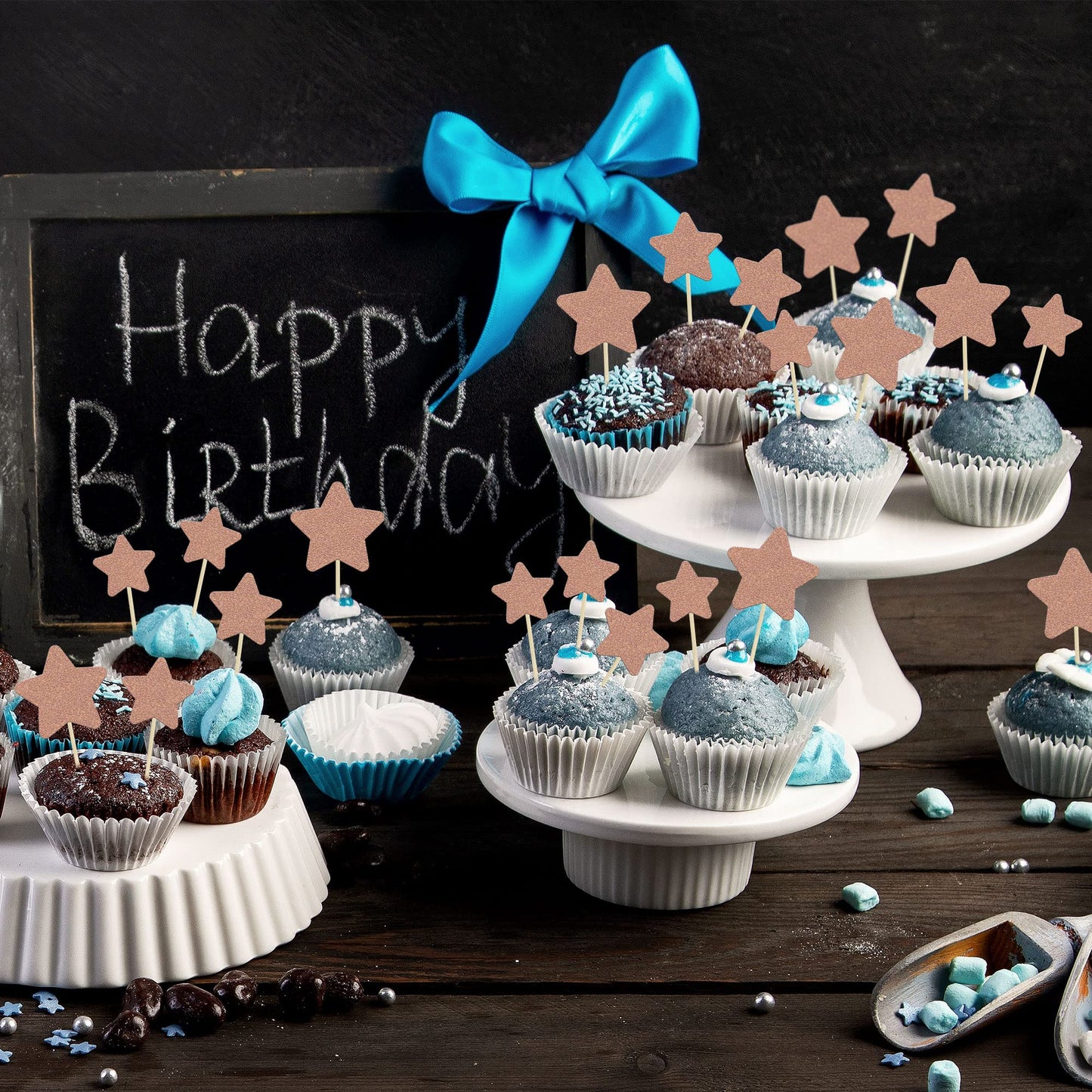 Gyufise 42Pcs Little Star Cupcake Toppers Rose Gold Glitter Twinkle Star Cupcake Picks Wedding Engagement Bridal Shower Baby Shower Birthday Party Cake Decorations Supplies Mixed Size