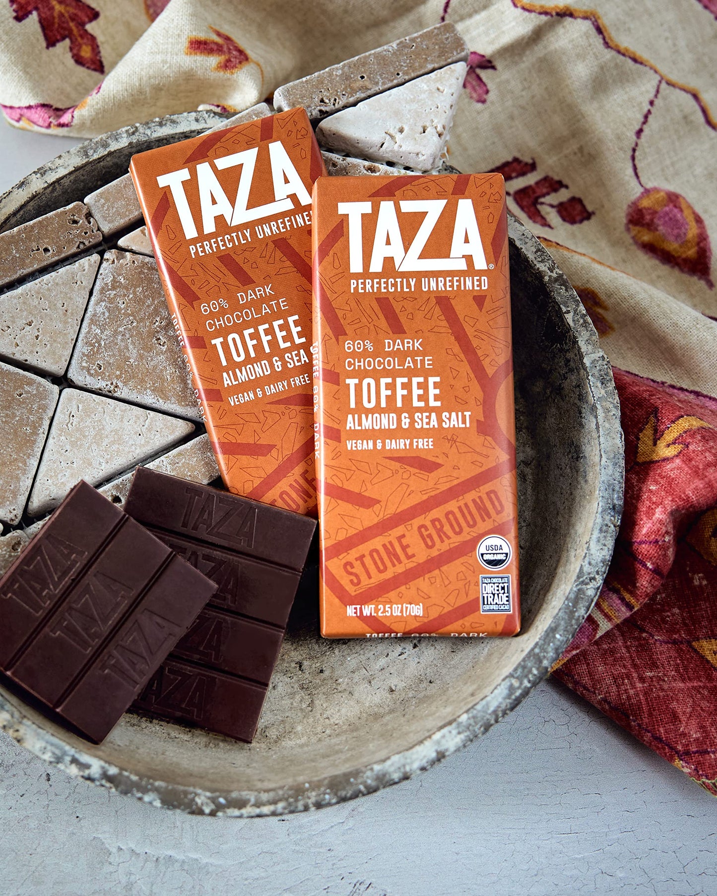 Taza Chocolate Organic Amaze Bar 60% Stone Ground, Toffee Almond Sea Salt, 2.5 Ounce (10 Count), Vegan