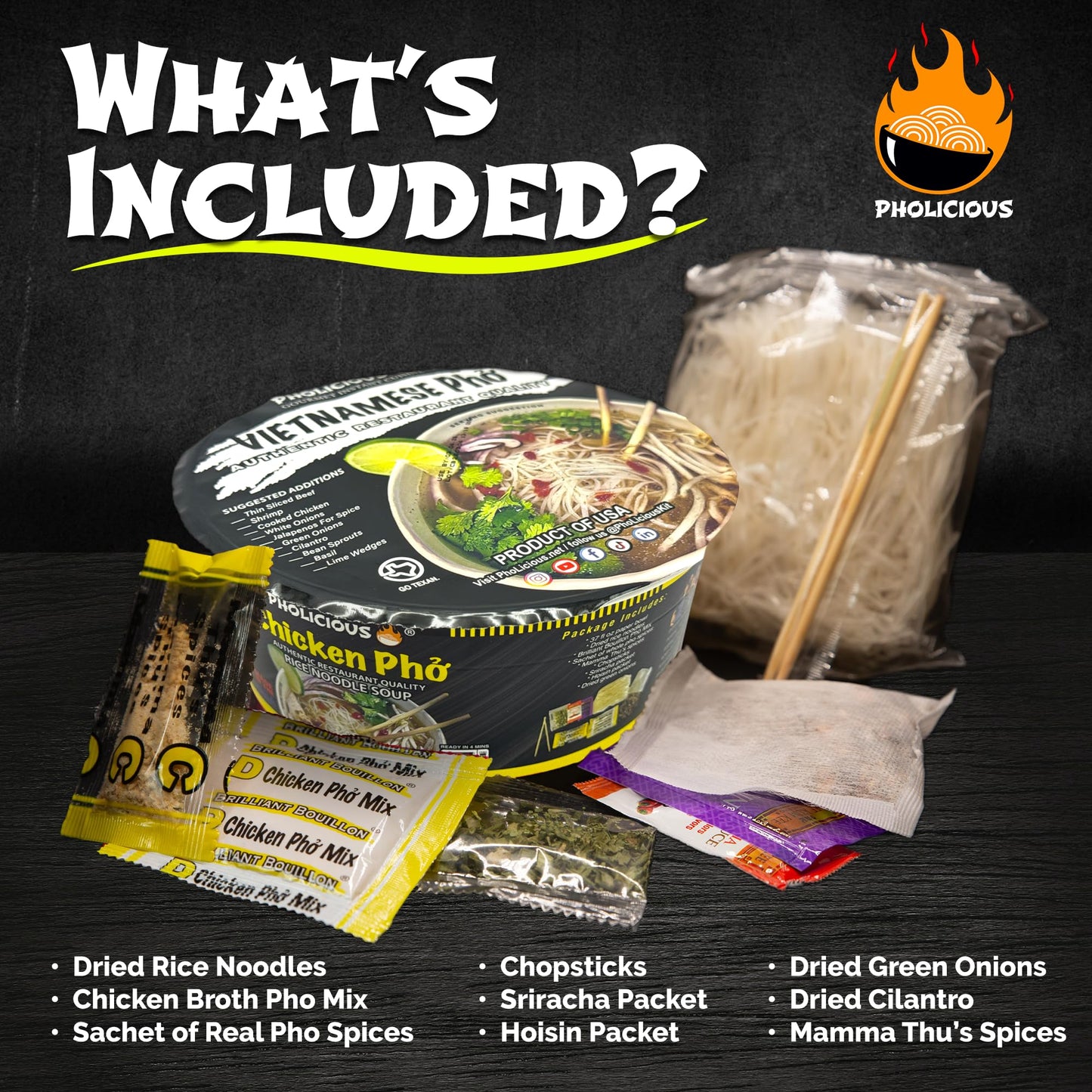 Pholicious Instant Chicken Pho, Authentic Vietnamese Rice Noodle Soup Kit With Spices & Broth Mix, Ramen Noodles Alternative, Qu