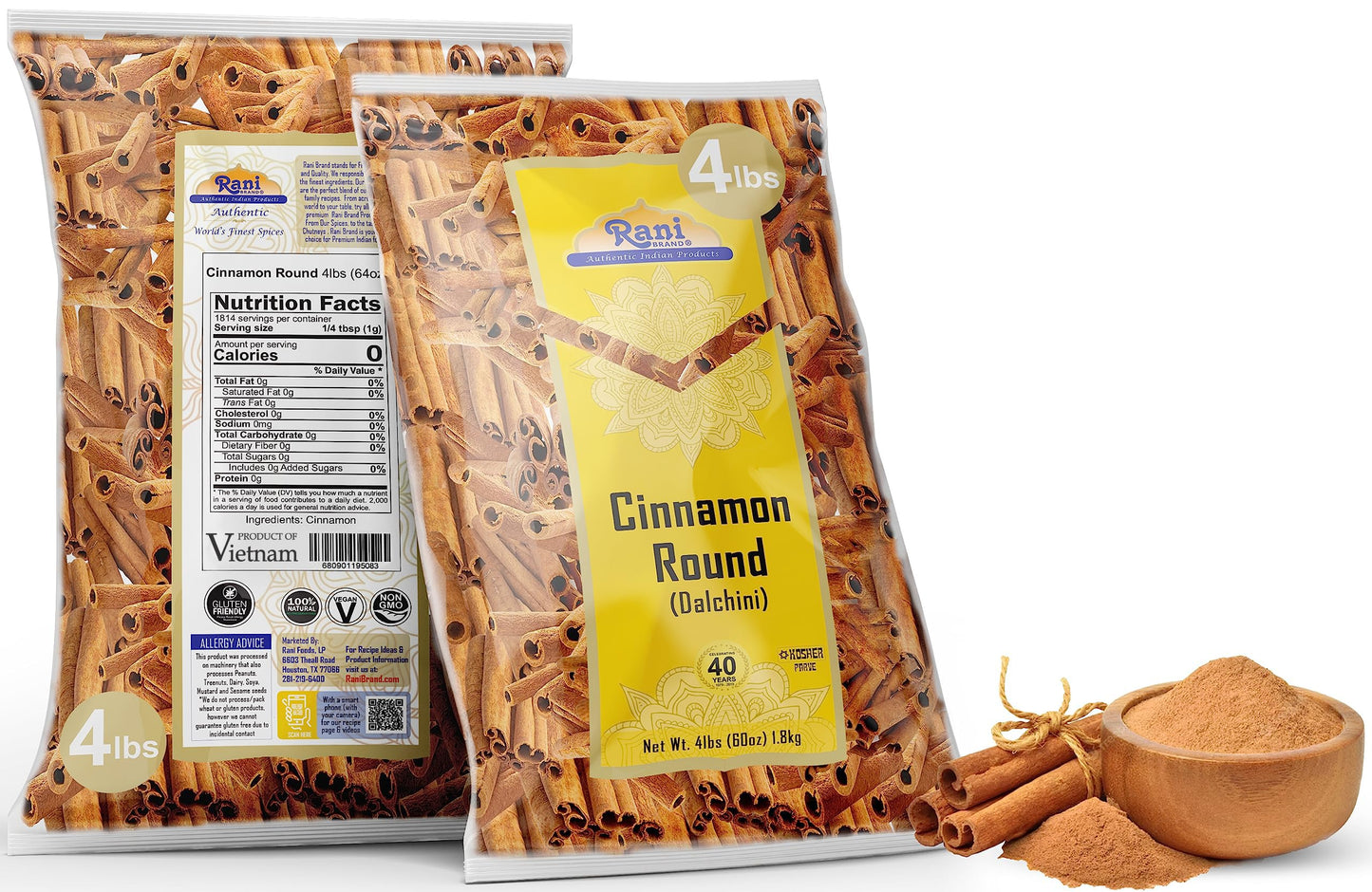 Rani Cinnamon Sticks 64Oz (4Lbs) 1.81Kg Bulk Bag - 350-400 Sticks - Strong Aroma, Perfect For Baking, Cooking & Beverages | 3+ Inches Length - Cassia Saigon Cinnamon From Vietnam | Kosher
