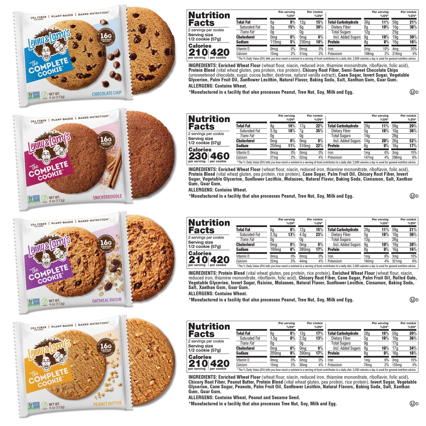 Lenny & Larrys The Complete Cookie, 8 Flavor Variety Pack, Soft Baked, 16g Plant Protein, Vegan, Non-GMO, 4 Ounce Cookie (Pack