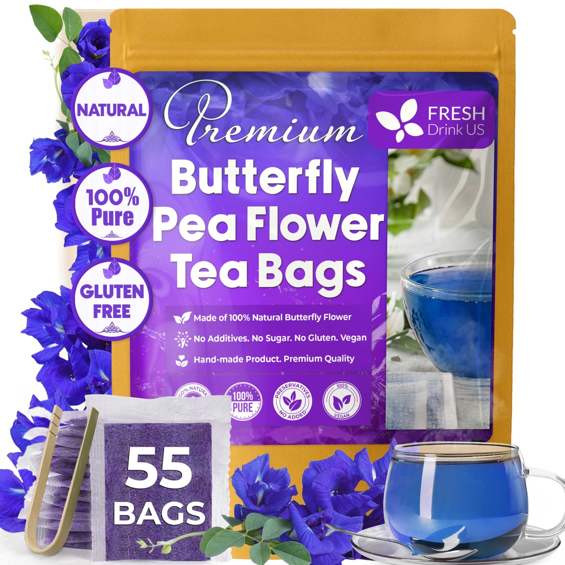 Freshdrinkus  Top-Grade 55 Tea Bags Blue Butterfly Pea Flowers  100% Natural And Pure From Butterfly Pea Flowers  Made With Natural Material Tea Bag  No Sugar  No Energy Blend  No Gluten  Vegan