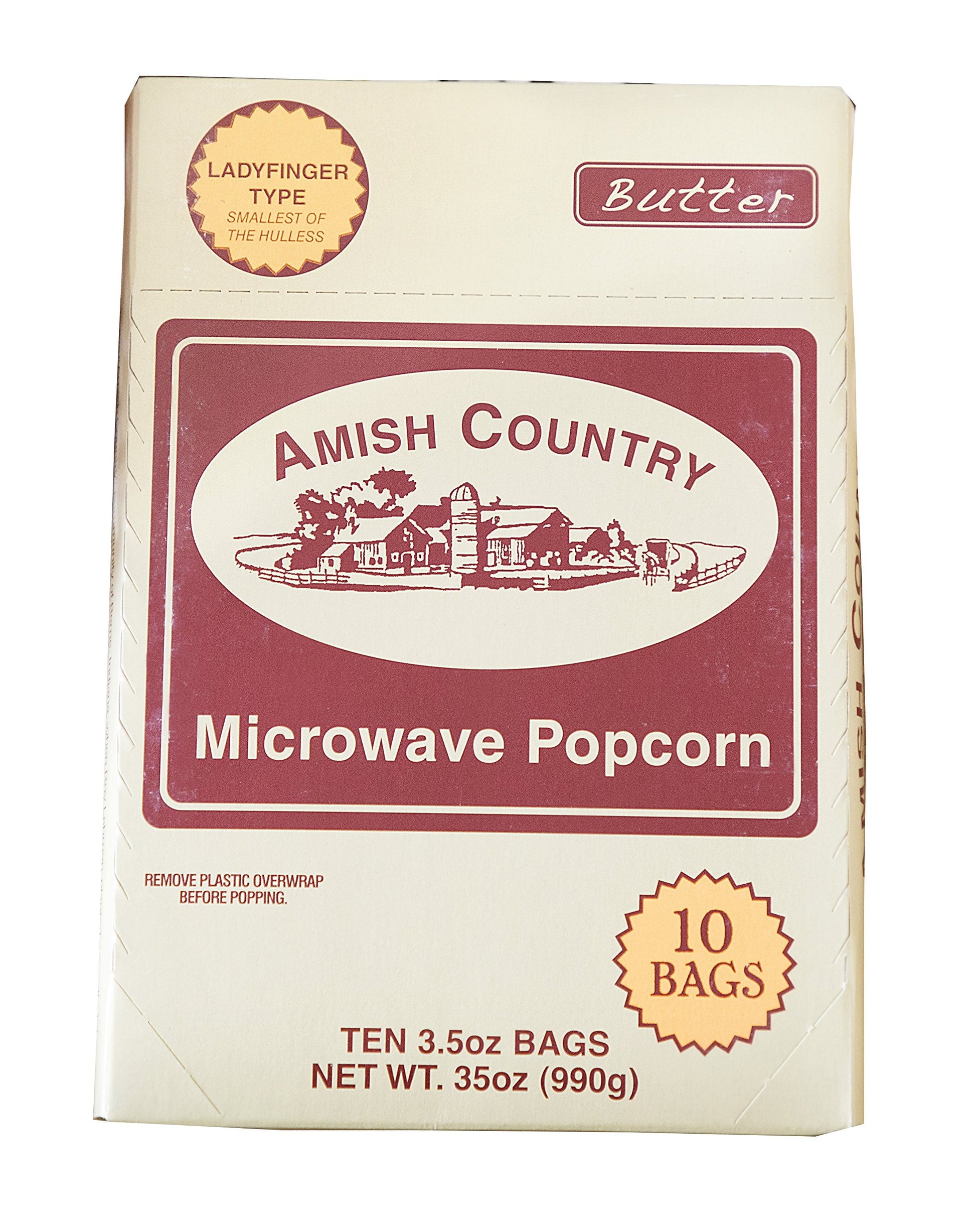 Amish Country Popcorn | Old Fashioned Microwave Popcorn | 10 Bags Ladyfinger Butter | Non-GMO, Gluten Free, Microwaveable and Ko