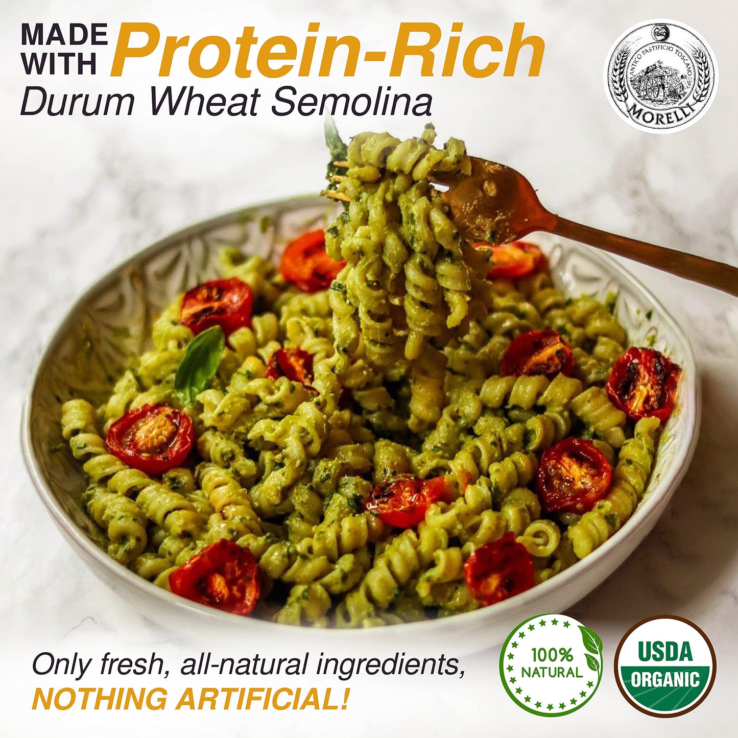 Morelli Spiral Pasta - Organic Premium Durum Wheat Semolina Italian Pasta From Italy - Protein-Rich, Ancient Grains, All Natural