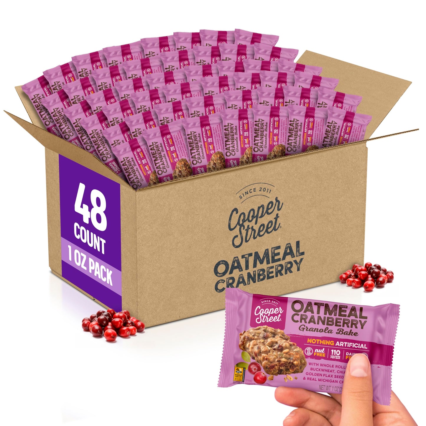 Cooper Street Granola Cookie Bake - Chewy Granola Bars With Chia, Flax, Buckwheat And Oats In Delicious Oatmeal Cranberry Flavor | Individually Wrapped Healthy Breakfast Bars | 1 Oz | 48 Pack