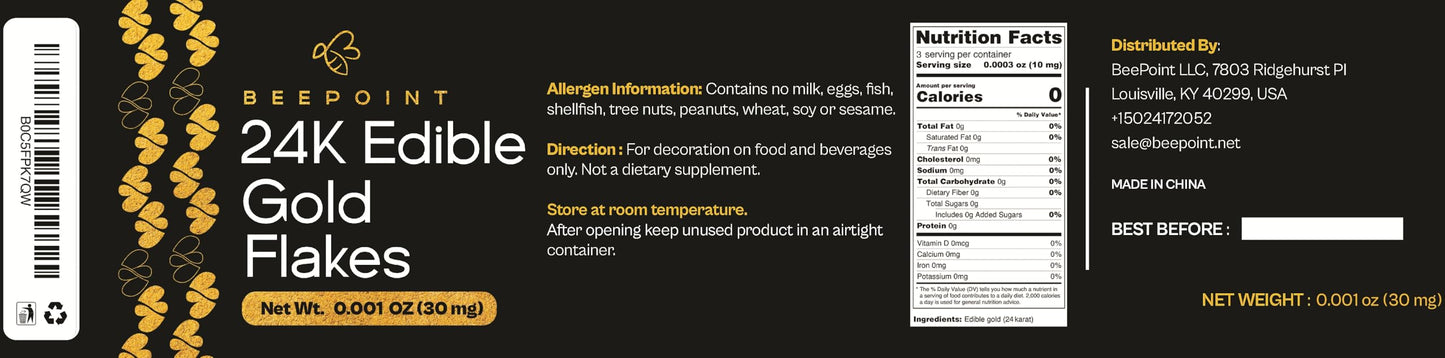 BeePoint 24K Edible Gold Foil Flakes - 30mg Gold Flakes for Cake Decorating  Baking  Cooking  Cupcakes  Chocolates  Drinks - Edible Gold Sheets