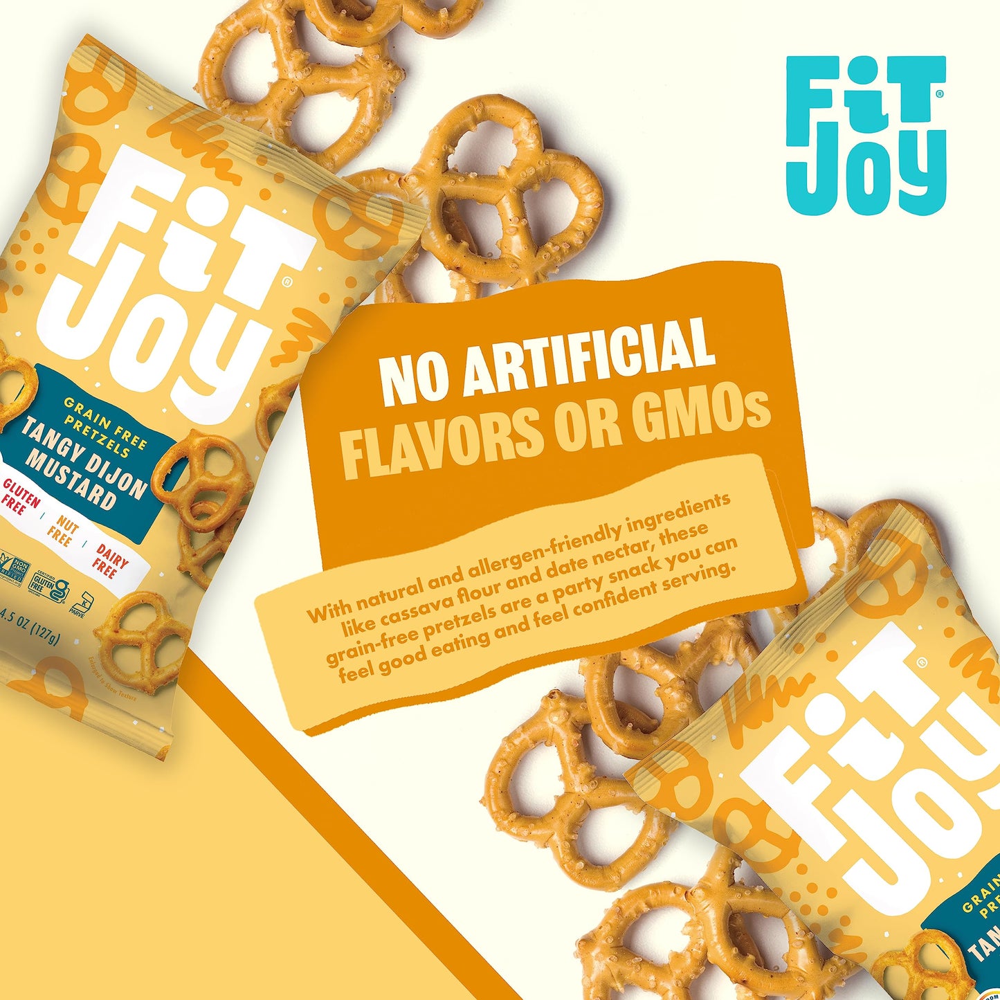 FitJoy Tangy Dijon Mustard Pretzels (Pack of 6, 4.5 Oz) - Dairy, Nut & Gluten Free Snacks - Grain Free Cassava Root & Chickpea F